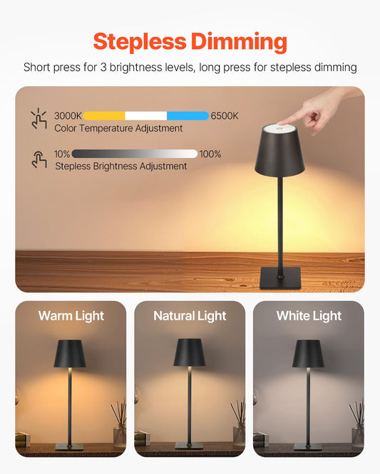 2-Pack Cordless Table Lamp with 5200mAh Battery, Stepless Dimming, 3 Color 3000-6500K for Bedroom, Outdoor, Restaurant Use