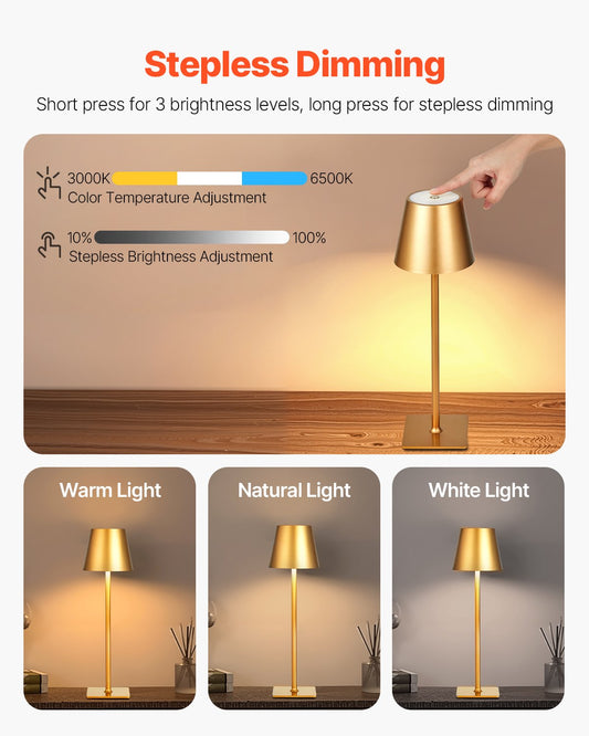 2-Pack Cordless Table Lamps with 5200mAh Rechargeable Battery, 3-Color Stepless Dimming, 3000-6500K, for Home, Restaurant, Outdoor Use