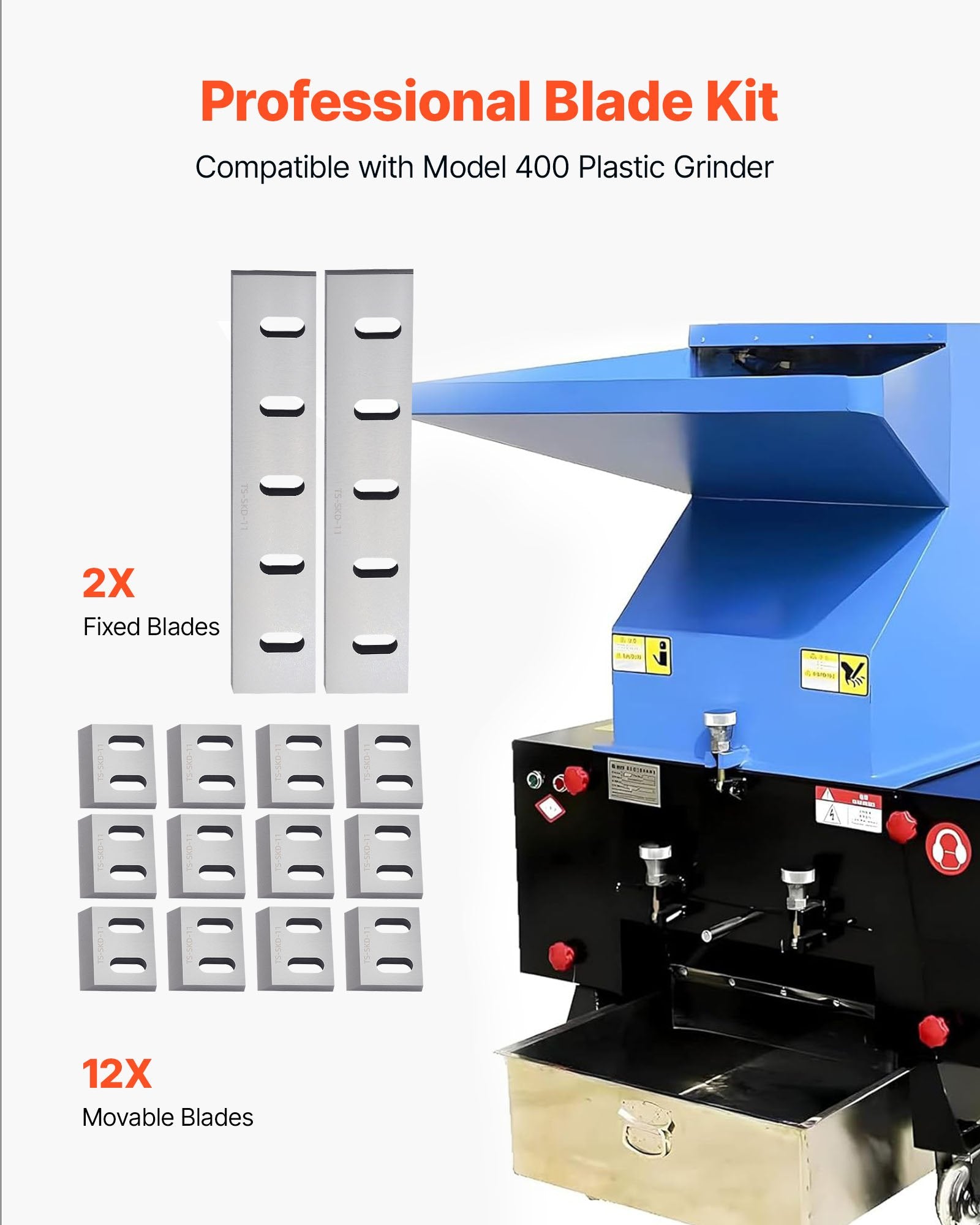 Alloy Steel Shredder Blade Kit for Model 400 Grinder | 12 Rotating & 2 Fixed SKD-11 Blades | High-Hardness, Durable, Low Noise for ABS, PP, PVC, Nylon