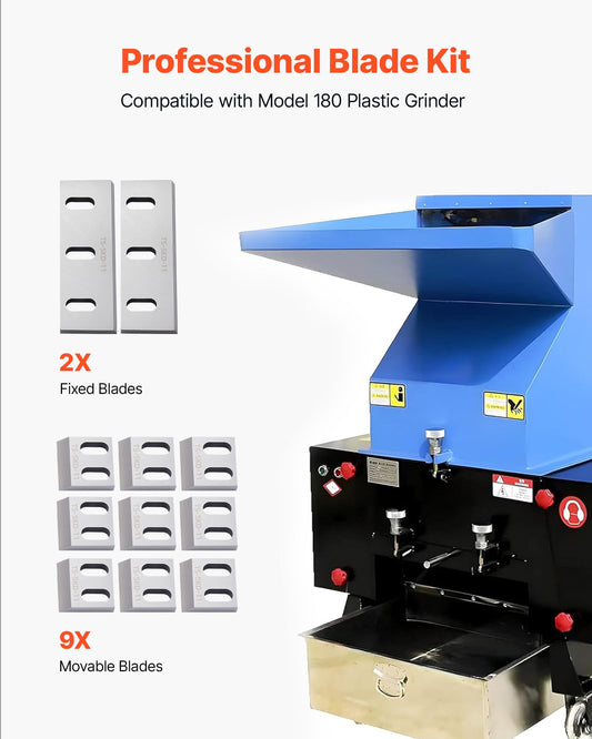 Alloy Steel Shredder Blades Kit with 9 Rotating & 2 Fixed High-Hardness SKD-11 Blades for Model 180 Plastic Grinder, Ideal for ABS, PP, PVC & Nylon