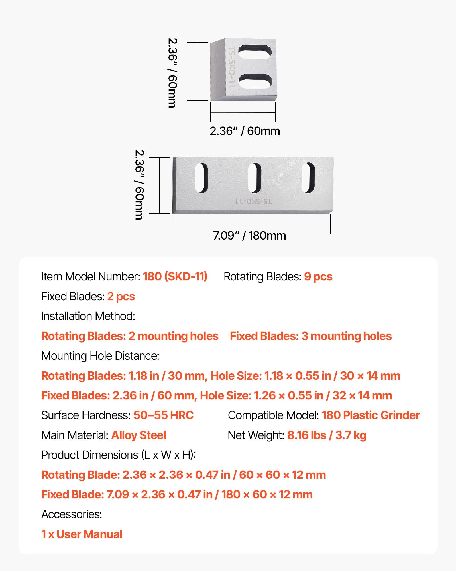 Alloy Steel Shredder Blades Kit with 9 Rotating & 2 Fixed High-Hardness SKD-11 Blades for Model 180 Plastic Grinder, Ideal for ABS, PP, PVC & Nylon