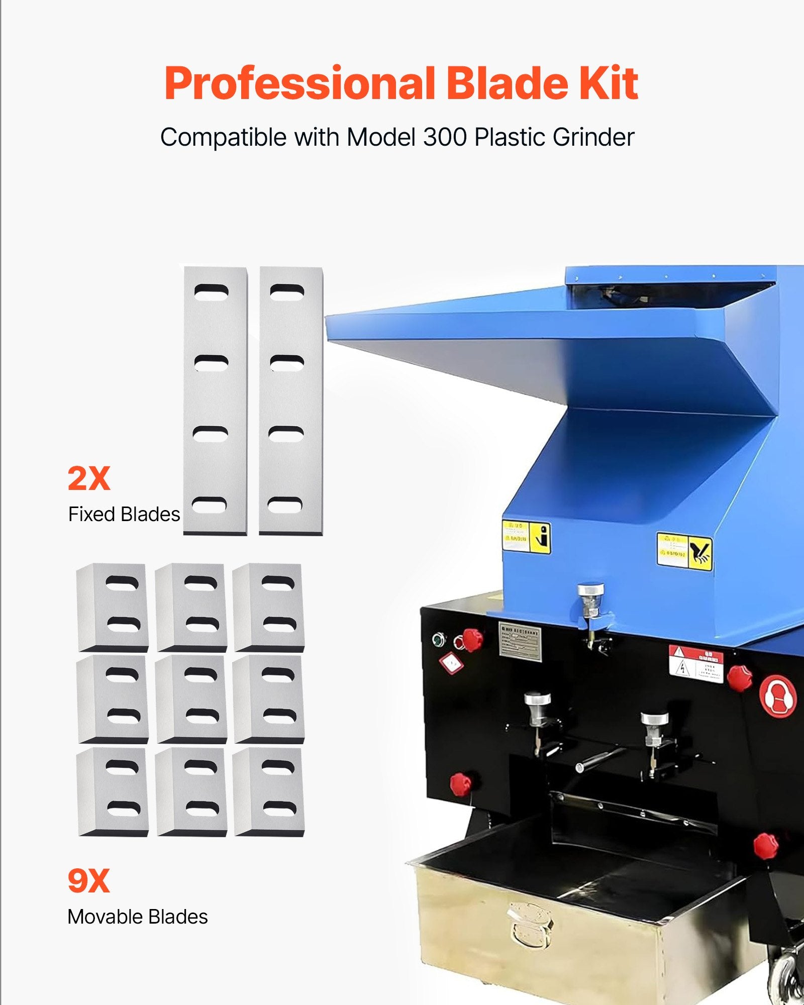 Alloy Steel Shredder Blade Kit for Model 300 Plastic Grinder - High-Hardness SKD-11, 9 Rotating, 2 Fixed Blades for ABS, PP, PVC, Nylon