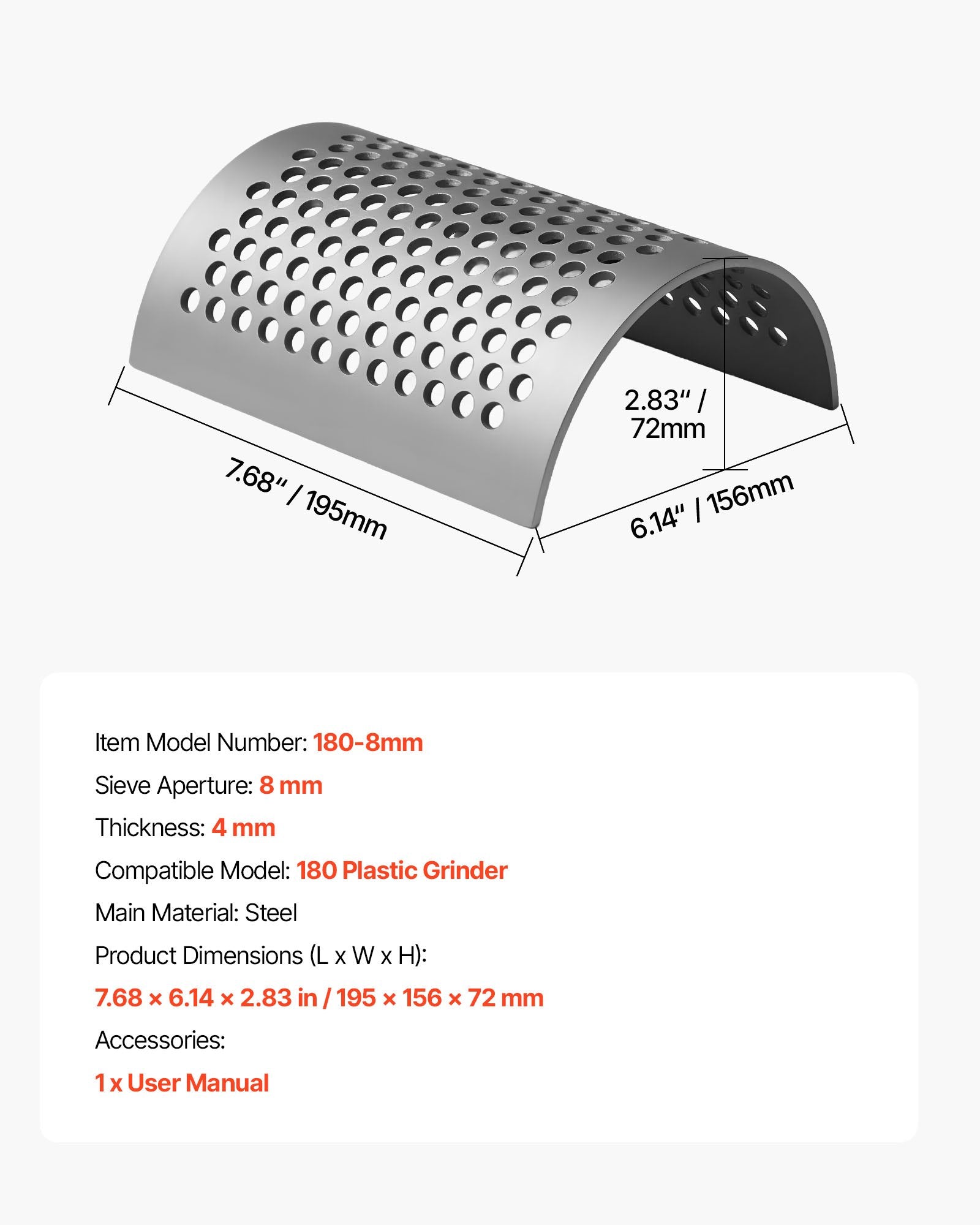 High-Precision 8mm Screen Mesh for Model 180 Plastic Grinder, Durable Steel for Efficient Small Particle Recycling and Easy Cleaning