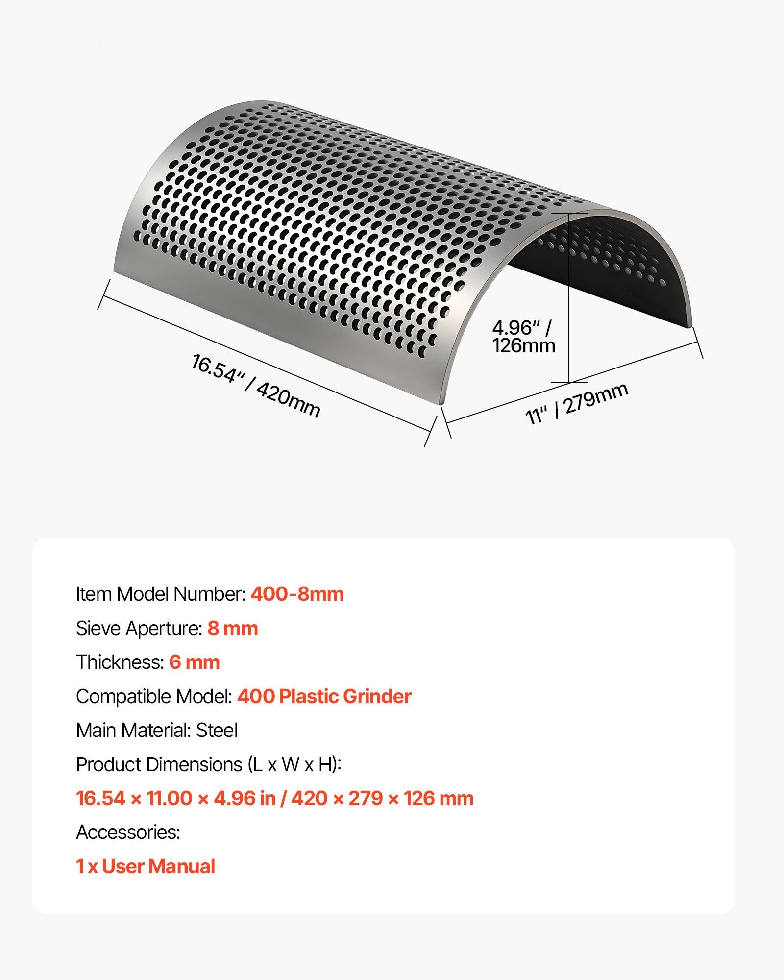 Durable High-Precision Steel Screen Mesh for Model 400 Plastic Shredder with 8mm Aperture, Ideal for Efficient Small Particle Recycling