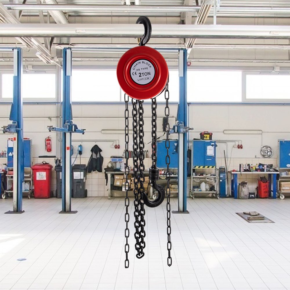 Heavy-Duty 2 Ton Manual Hand Chain Hoist with 8ft Lift for Workshop and Transport Use, Industrial-Grade Steel Construction in Red
