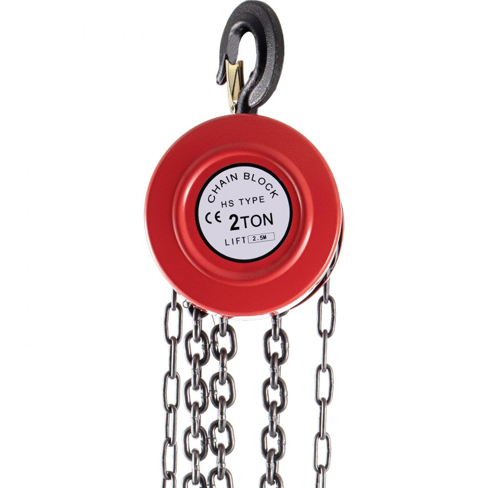 Heavy-Duty 2 Ton Manual Hand Chain Hoist with 8ft Lift for Workshop and Transport Use, Industrial-Grade Steel Construction in Red