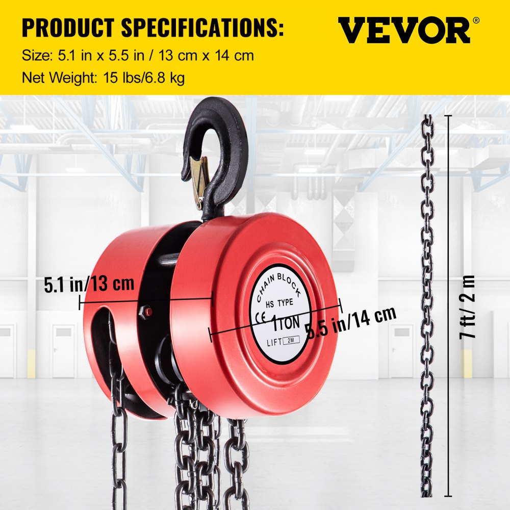 Heavy-Duty Red Manual Hand Chain Hoist with 2200 lbs Capacity and 7 ft Lift for Workshop and Transport Use