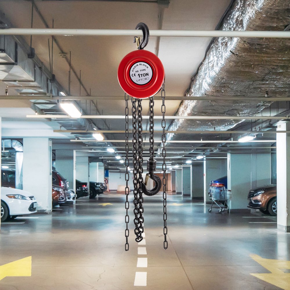 Heavy-Duty Red Manual Hand Chain Hoist with 2200 lbs Capacity and 7 ft Lift for Workshop and Transport Use