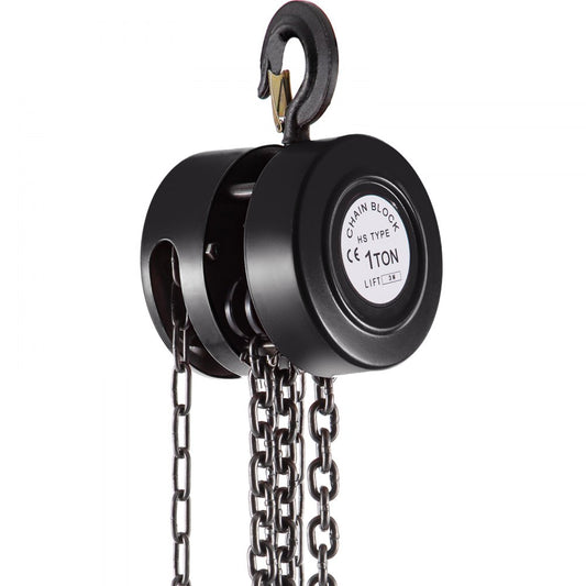 Manual Hand Chain Block Hoist for Lifting, 1 Ton Capacity, 10ft Lift, Industrial-Grade Steel Construction in Black for Transport and Workshop Use