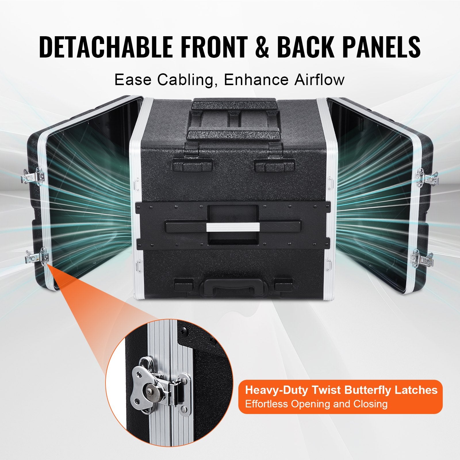 Heavy-Duty 8U Rack Case with ABS Wheels, Secure Butterfly Latches, Detachable Panels for Amps, Mixers, Microphone Receivers, Dust & Water Resistant