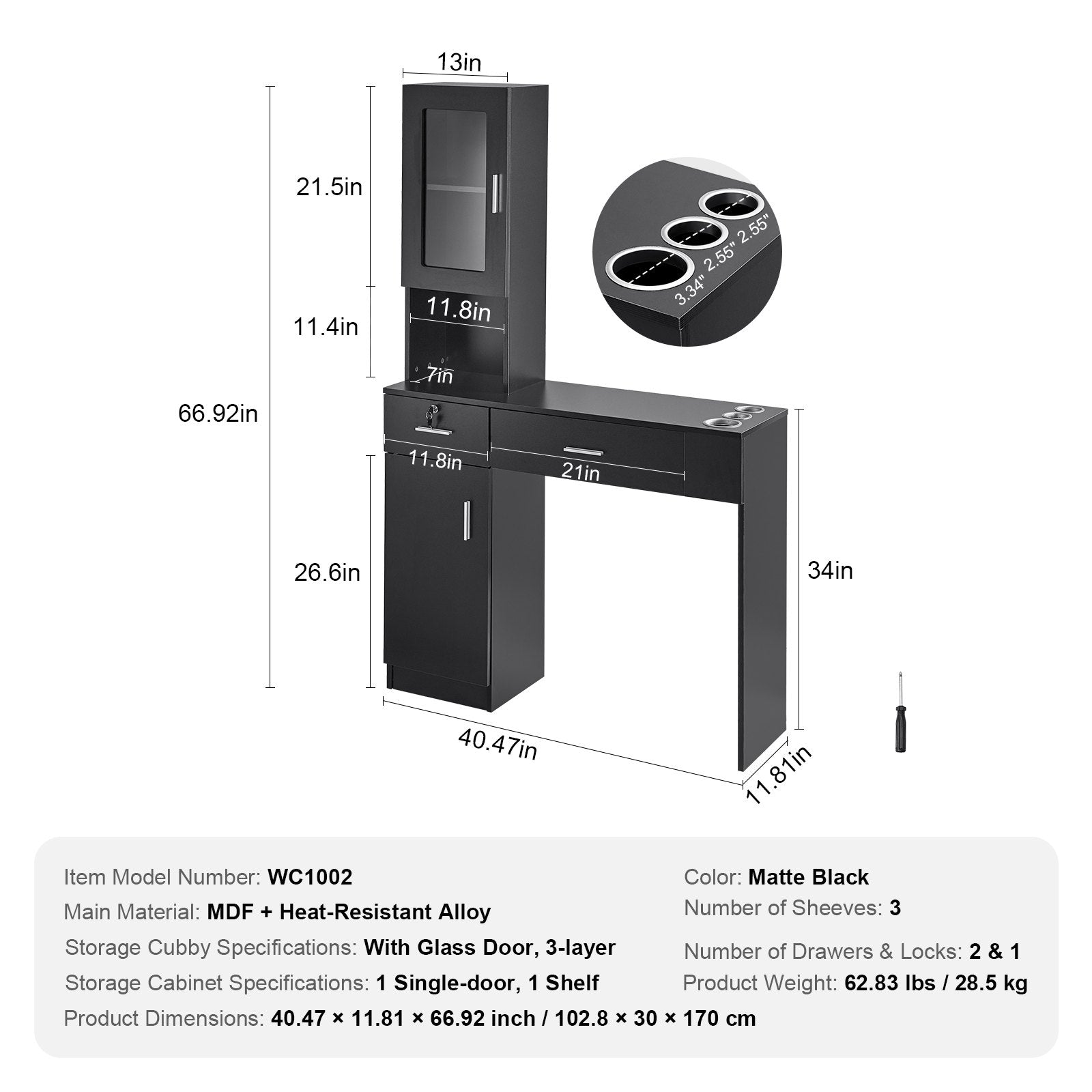Wall Mount Barber Salon Station for Hair Stylists with Lockable Storage Cabinet, 3 Cubbies, 2 Drawers, Matte Black Finish, Heat-Resistant Tool Sleeves, Easy Assembly