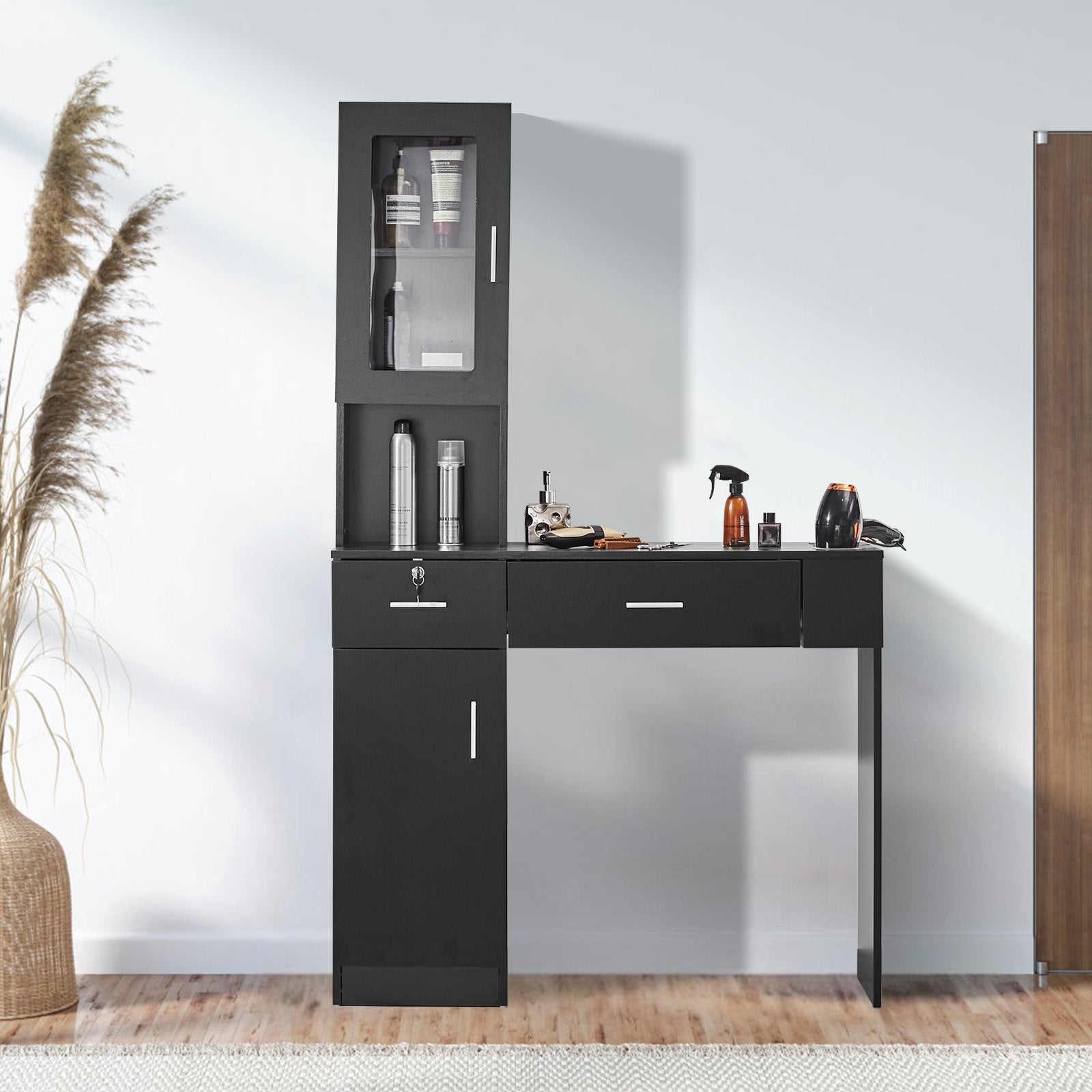 Wall Mount Barber Salon Station for Hair Stylists with Lockable Storage Cabinet, 3 Cubbies, 2 Drawers, Matte Black Finish, Heat-Resistant Tool Sleeves, Easy Assembly