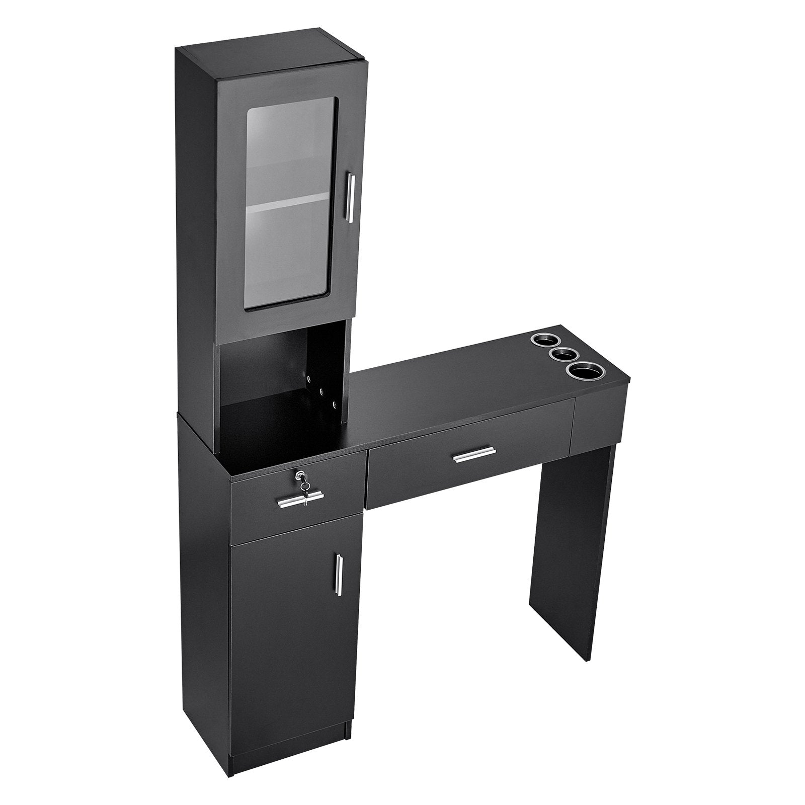 Wall Mount Barber Salon Station for Hair Stylists with Lockable Storage Cabinet, 3 Cubbies, 2 Drawers, Matte Black Finish, Heat-Resistant Tool Sleeves, Easy Assembly