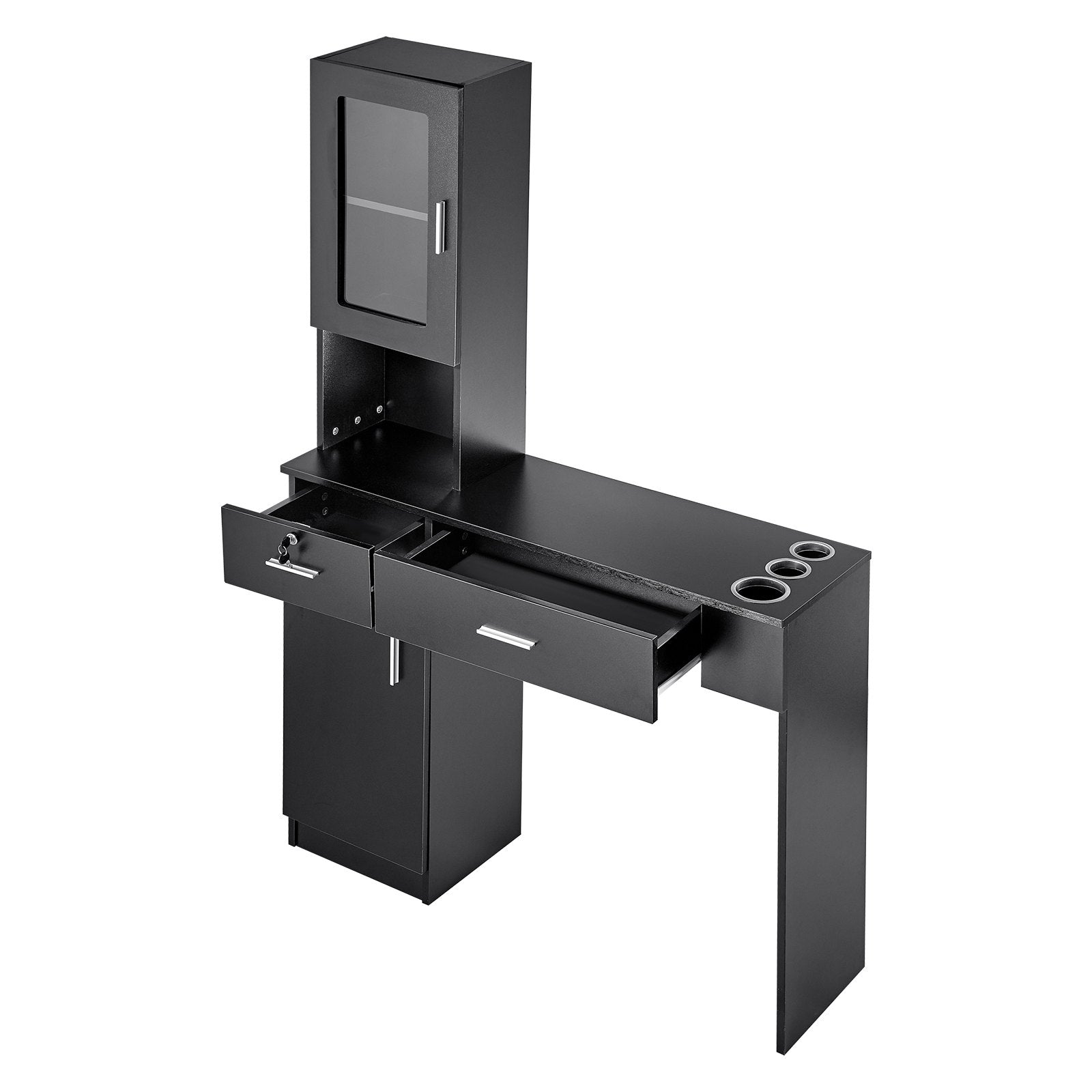 Wall Mount Barber Salon Station for Hair Stylists with Lockable Storage Cabinet, 3 Cubbies, 2 Drawers, Matte Black Finish, Heat-Resistant Tool Sleeves, Easy Assembly