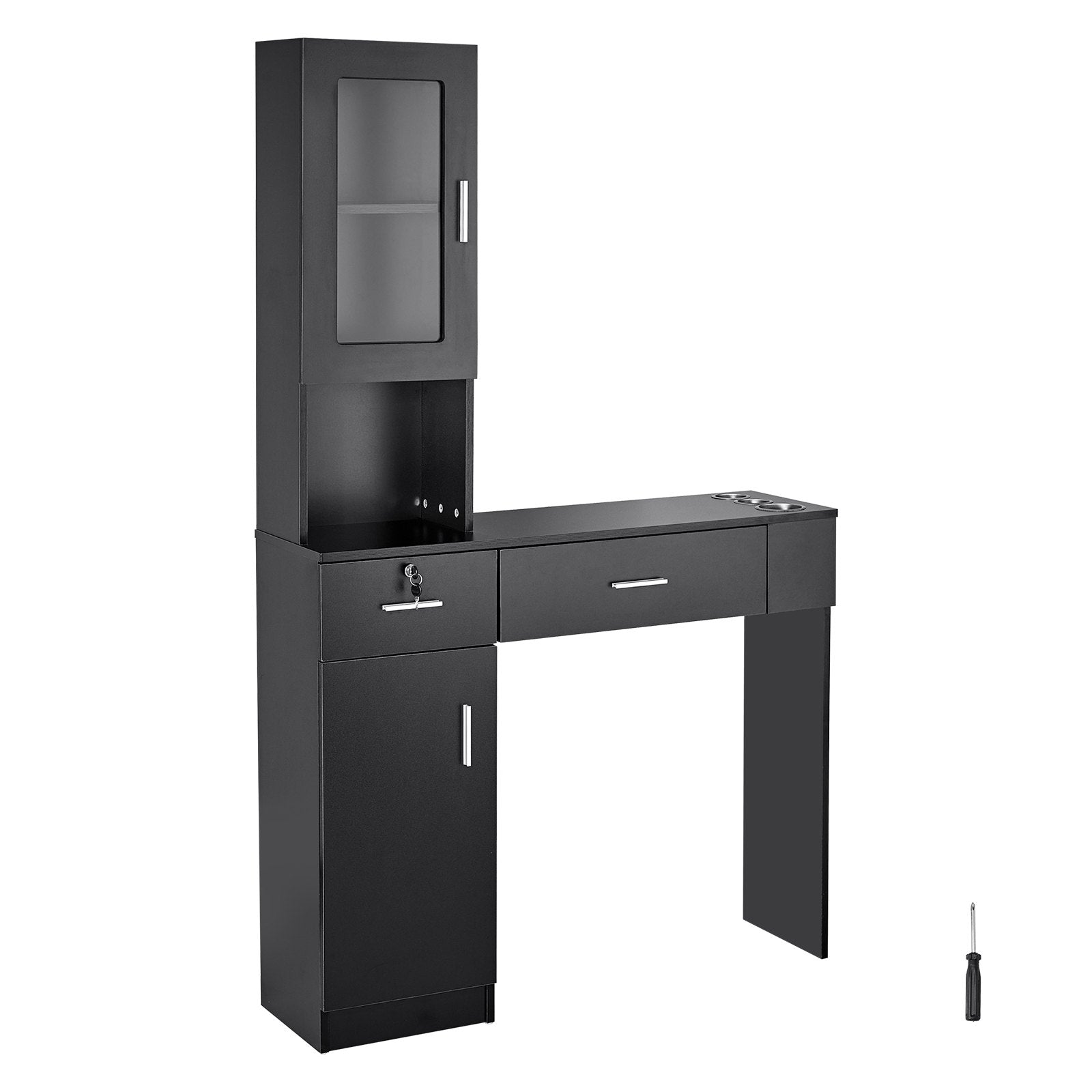 Wall Mount Barber Salon Station for Hair Stylists with Lockable Storage Cabinet, 3 Cubbies, 2 Drawers, Matte Black Finish, Heat-Resistant Tool Sleeves, Easy Assembly