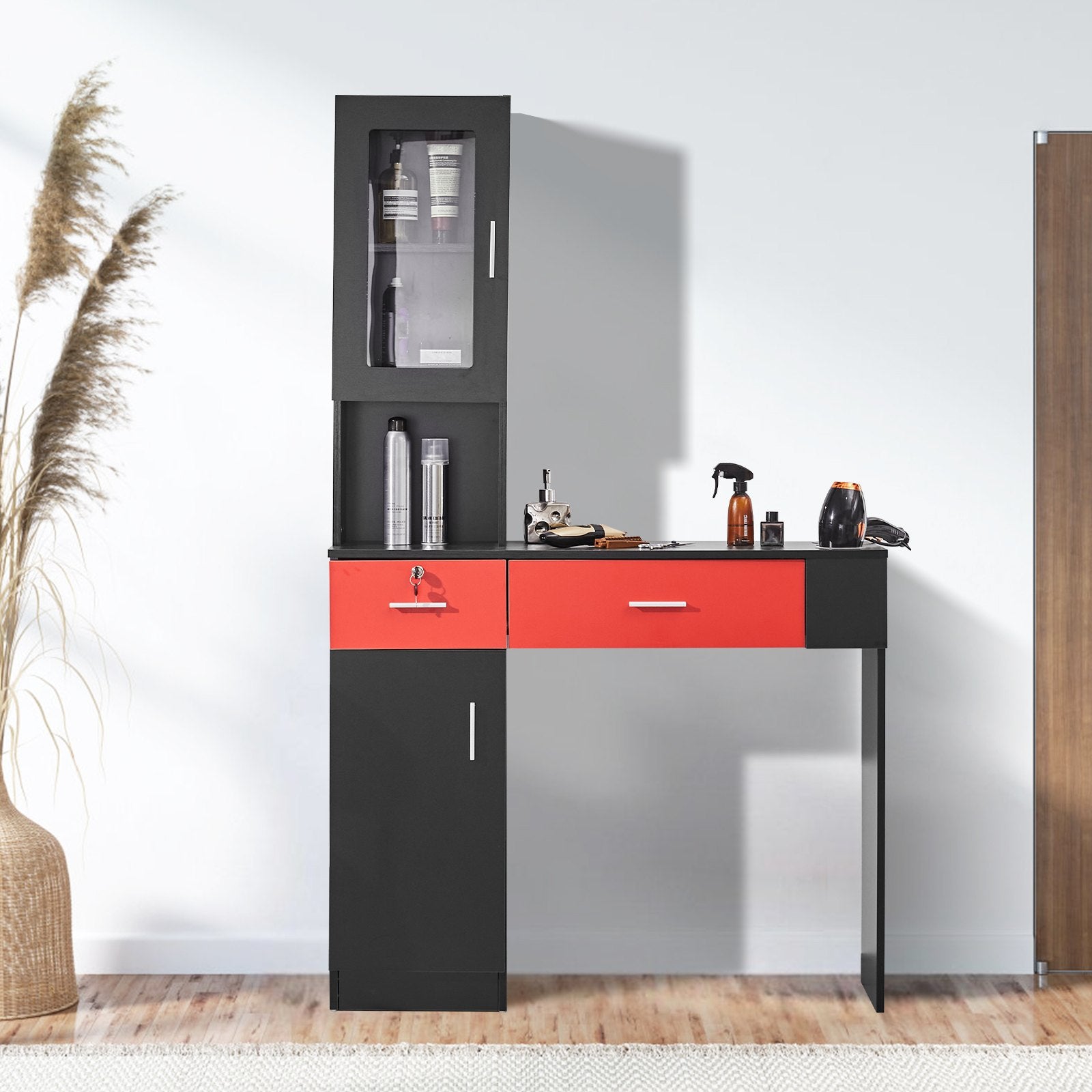 Wall Mounted Barber Salon Station with Lockable Drawers, Heat-Resistant Sleeves, Storage Cabinet, 3 Cubbies for Hair Stylists