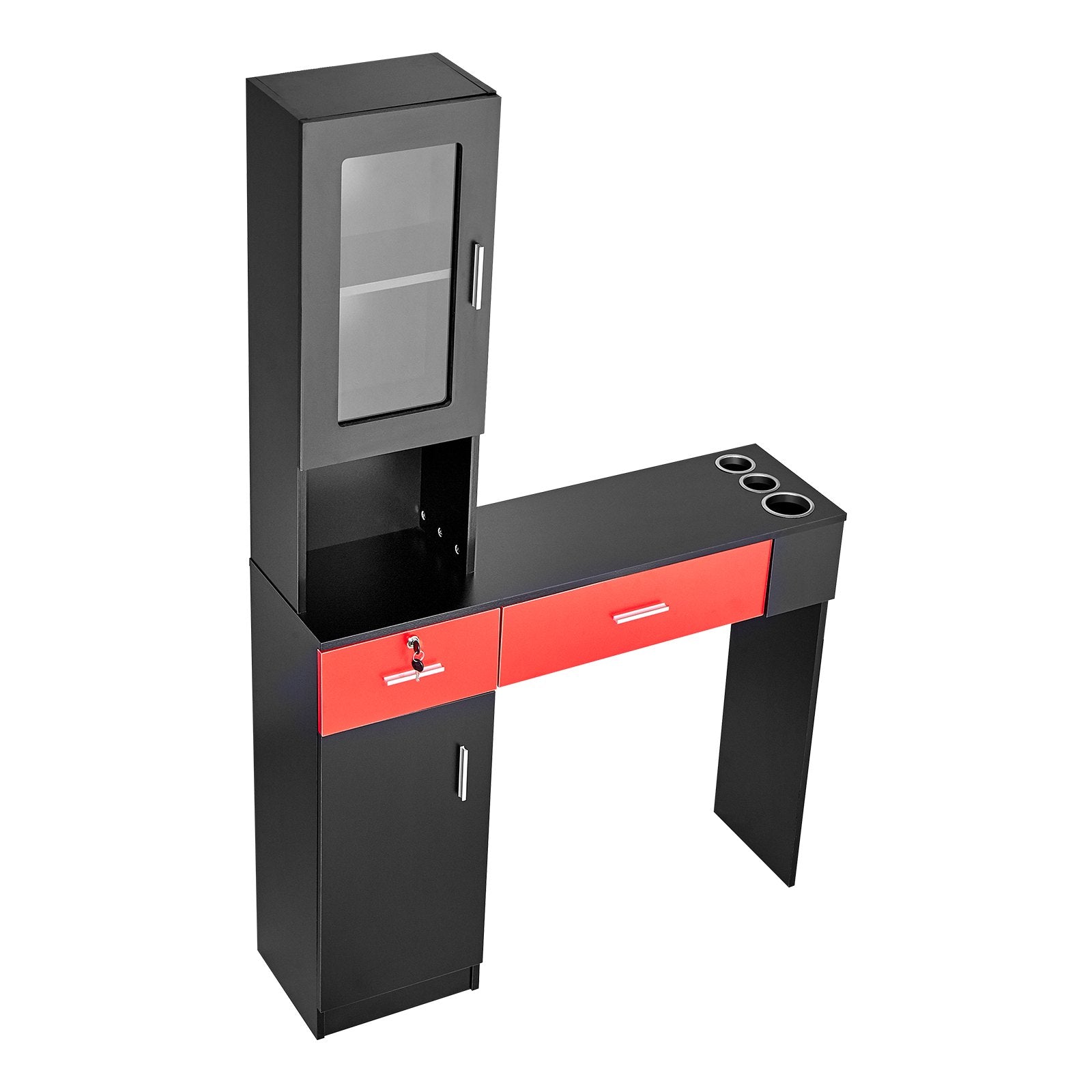 Wall Mounted Barber Salon Station with Lockable Drawers, Heat-Resistant Sleeves, Storage Cabinet, 3 Cubbies for Hair Stylists
