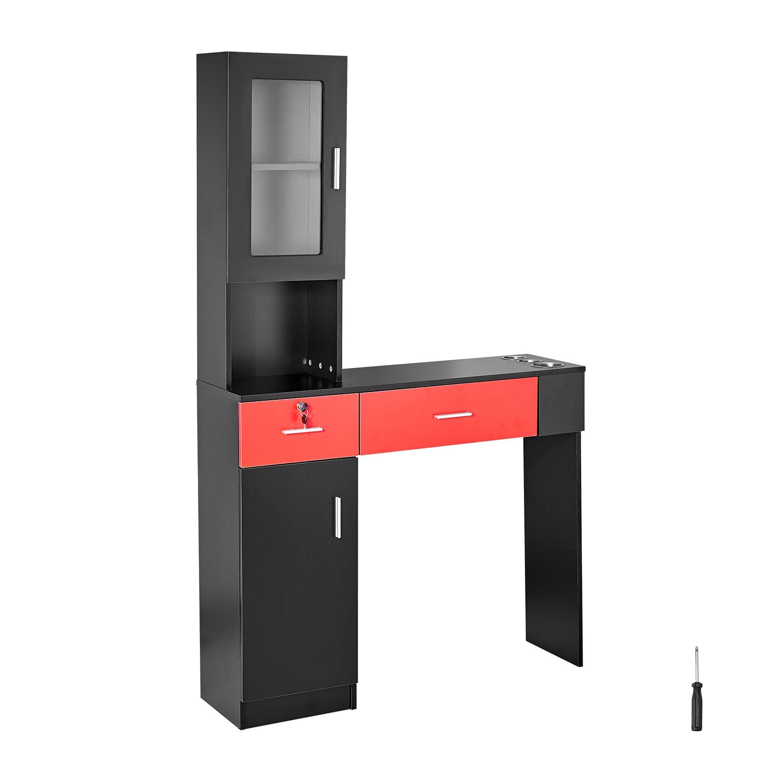 Wall Mounted Barber Salon Station with Lockable Drawers, Heat-Resistant Sleeves, Storage Cabinet, 3 Cubbies for Hair Stylists