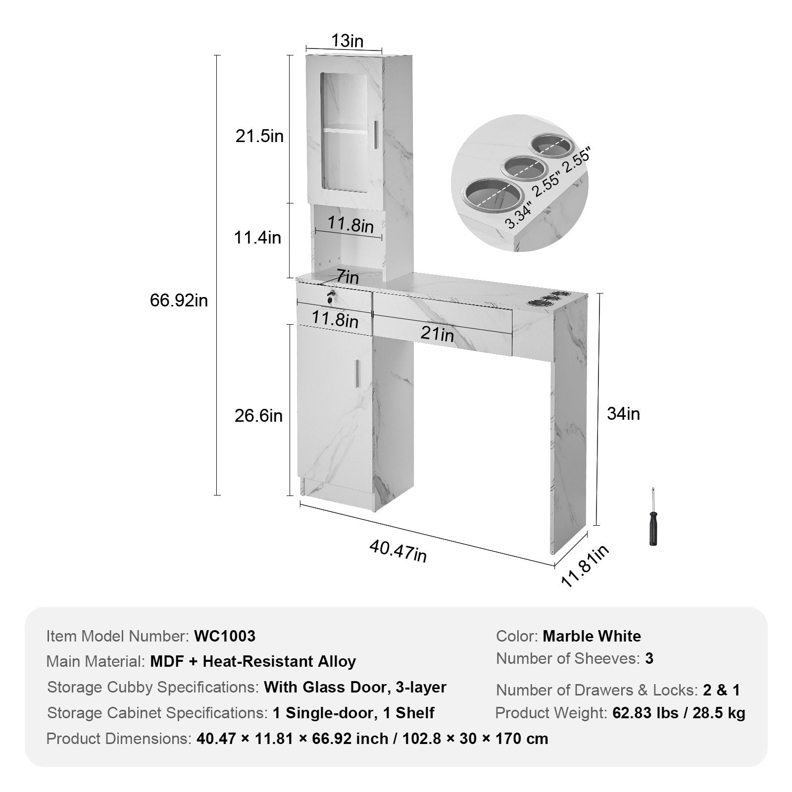 Wall Mount Salon Station for Hair Stylists - Beauty Spa Furniture with Lockable Drawers, Heat-Resistant Sleeves, Storage Cabinet, White