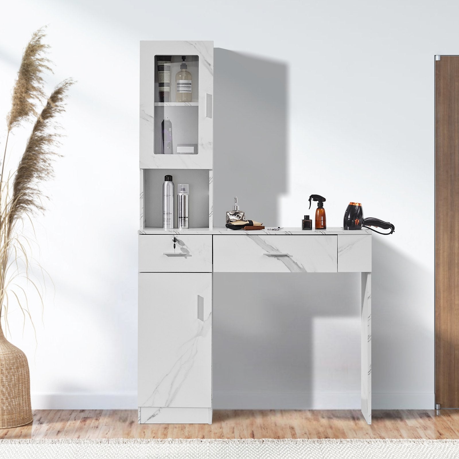 Wall Mount Salon Station for Hair Stylists - Beauty Spa Furniture with Lockable Drawers, Heat-Resistant Sleeves, Storage Cabinet, White