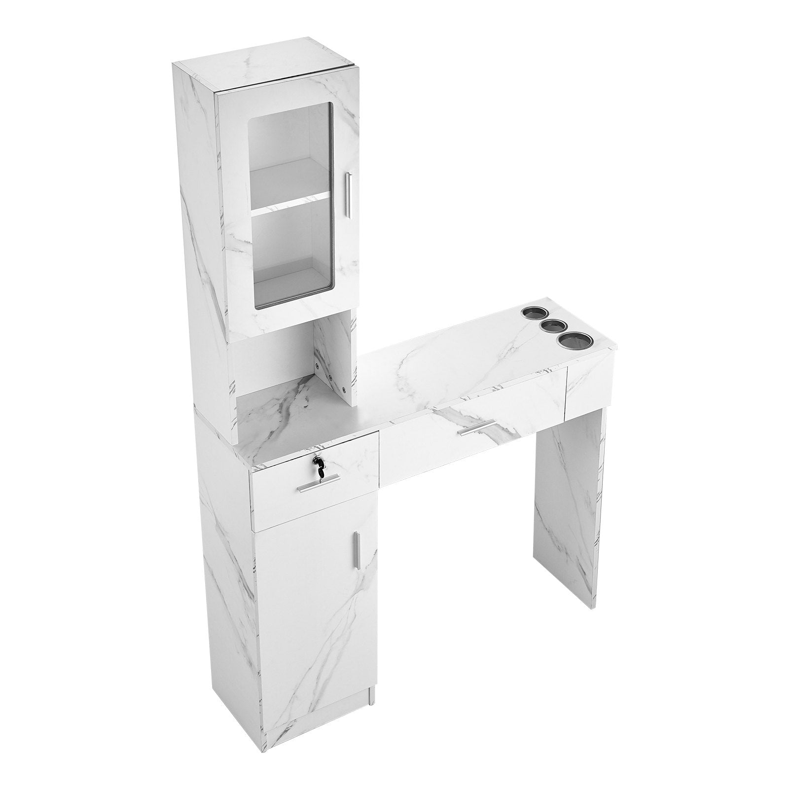 Wall Mount Salon Station for Hair Stylists - Beauty Spa Furniture with Lockable Drawers, Heat-Resistant Sleeves, Storage Cabinet, White