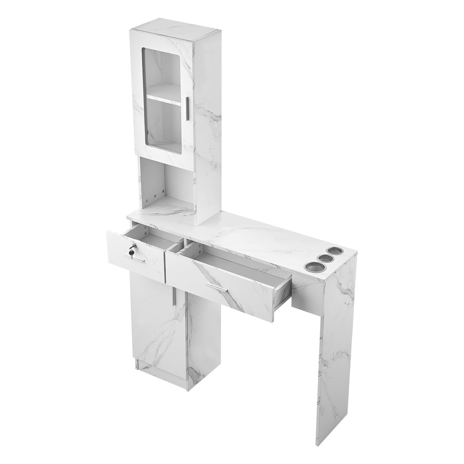 Wall Mount Salon Station for Hair Stylists - Beauty Spa Furniture with Lockable Drawers, Heat-Resistant Sleeves, Storage Cabinet, White