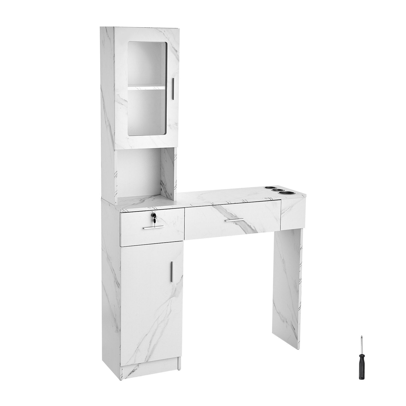 Wall Mount Salon Station for Hair Stylists - Beauty Spa Furniture with Lockable Drawers, Heat-Resistant Sleeves, Storage Cabinet, White