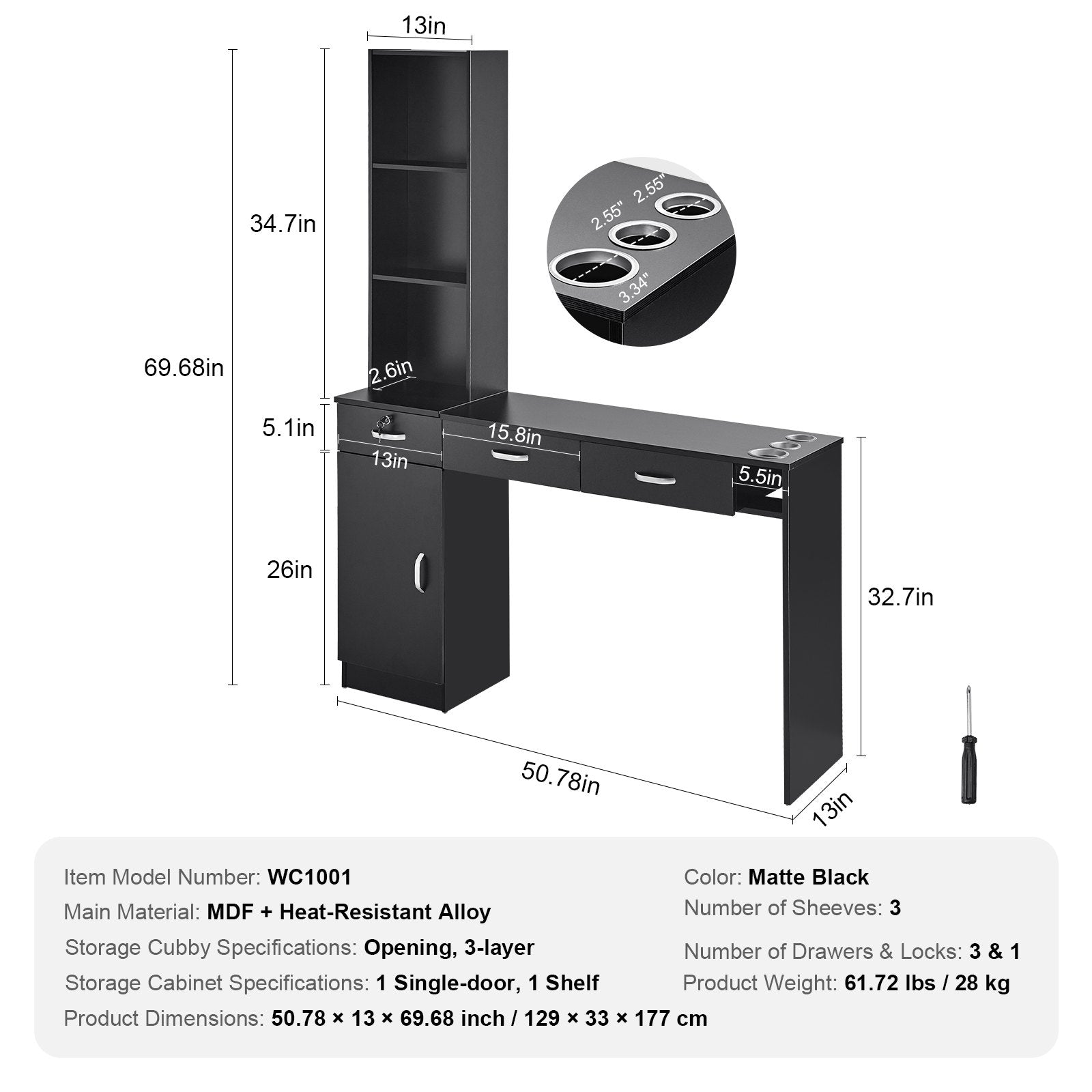 Wall Mount Salon Station for Hair Stylists – Black Matte Finish, Lockable Drawers, Heat-Resistant Tool Sleeves, Spa Furniture Set