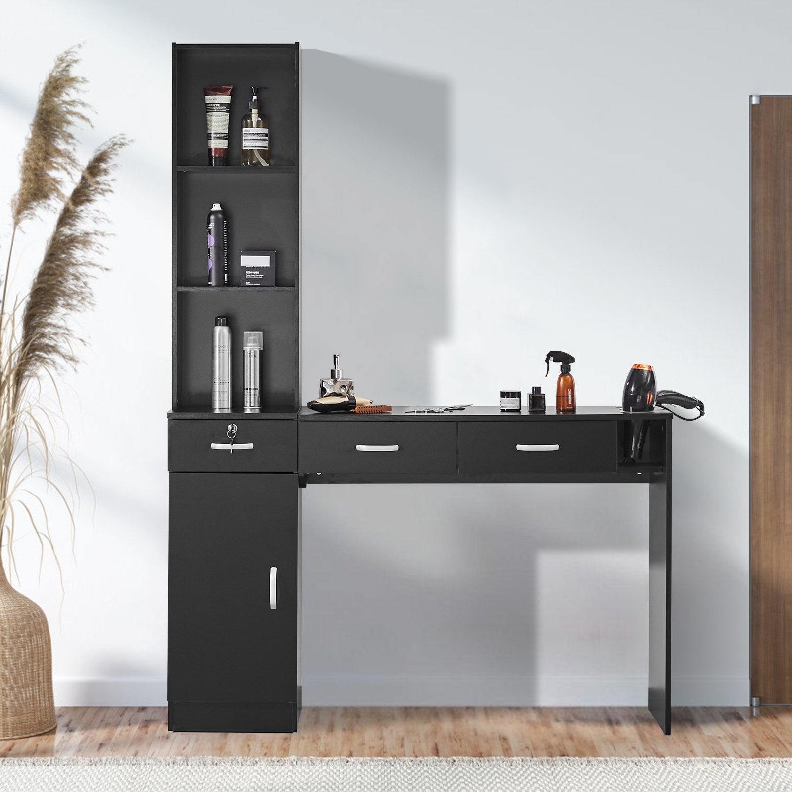 Wall Mount Salon Station for Hair Stylists – Black Matte Finish, Lockable Drawers, Heat-Resistant Tool Sleeves, Spa Furniture Set