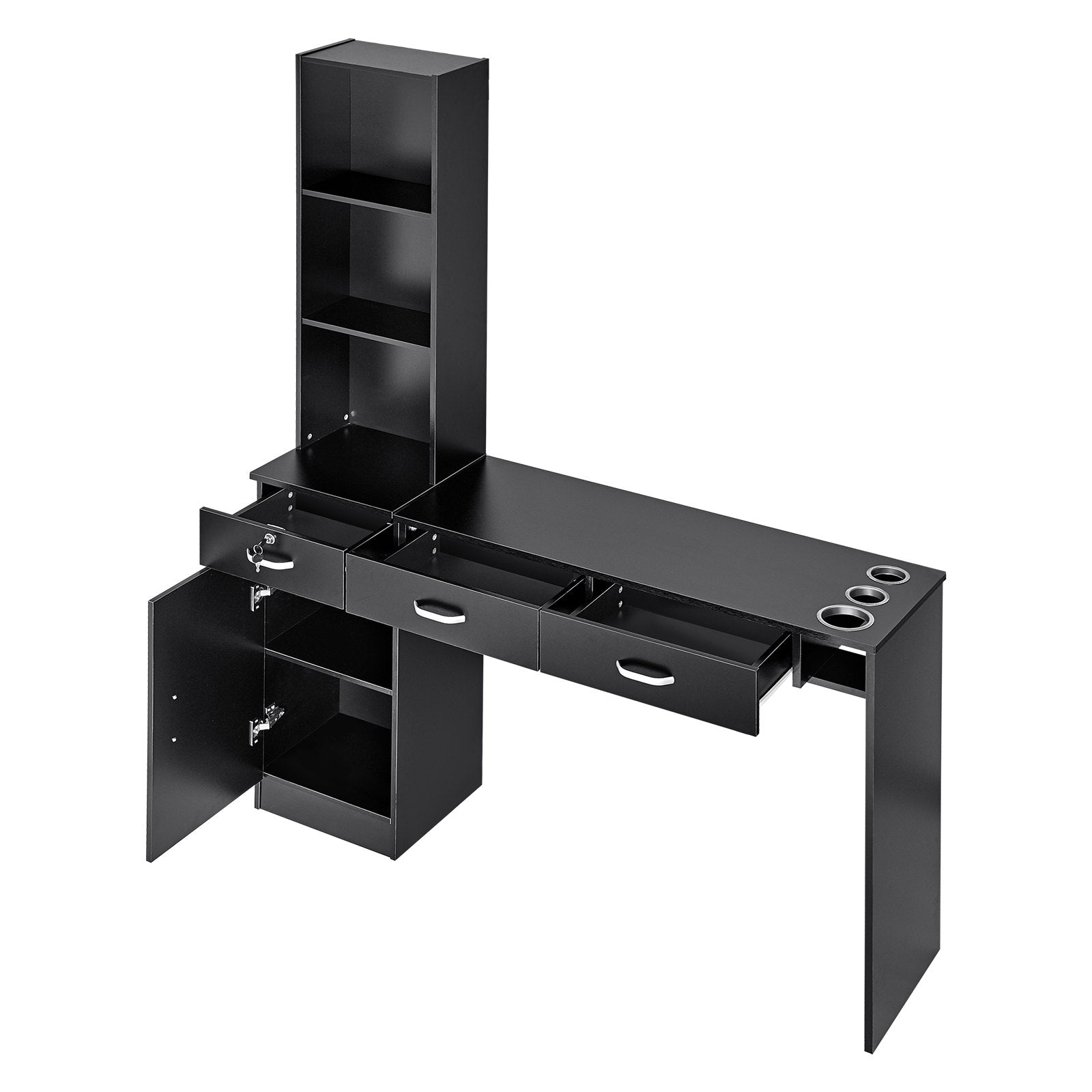 Wall Mount Salon Station for Hair Stylists – Black Matte Finish, Lockable Drawers, Heat-Resistant Tool Sleeves, Spa Furniture Set