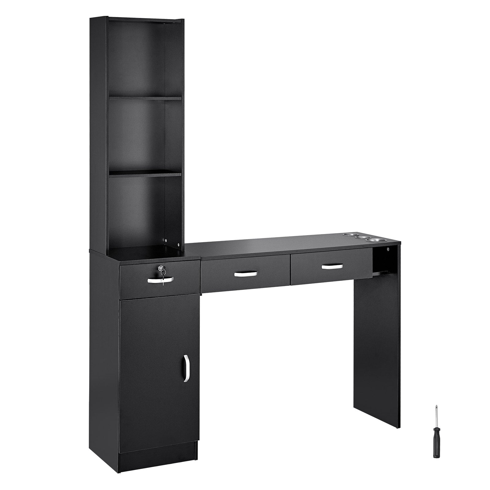 Wall Mount Salon Station for Hair Stylists – Black Matte Finish, Lockable Drawers, Heat-Resistant Tool Sleeves, Spa Furniture Set