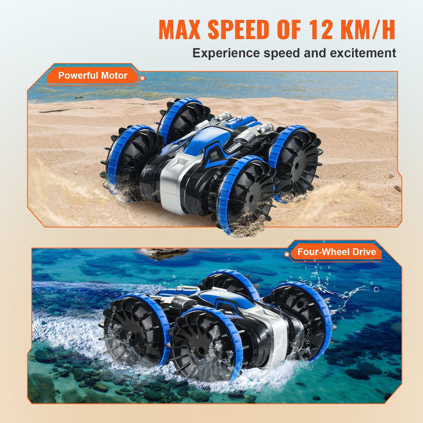 Blue Amphibious RC Car Boat for Kids, 4WD 360° Stunt Vehicle, Waterproof All-Terrain Toy for Beach, Pool, Water, 6+ Year Olds, 12 km/h, 2.4GHz