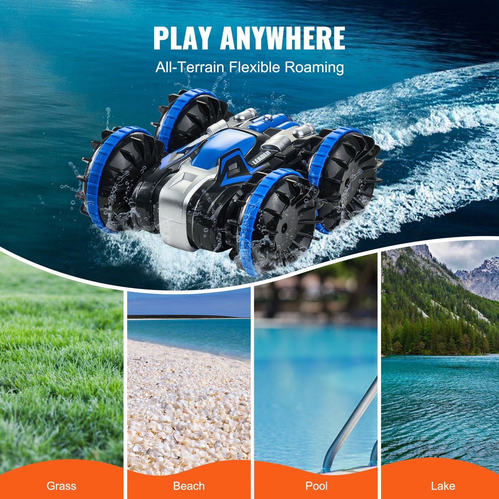 Blue Amphibious RC Car Boat for Kids, 4WD 360° Stunt Vehicle, Waterproof All-Terrain Toy for Beach, Pool, Water, 6+ Year Olds, 12 km/h, 2.4GHz