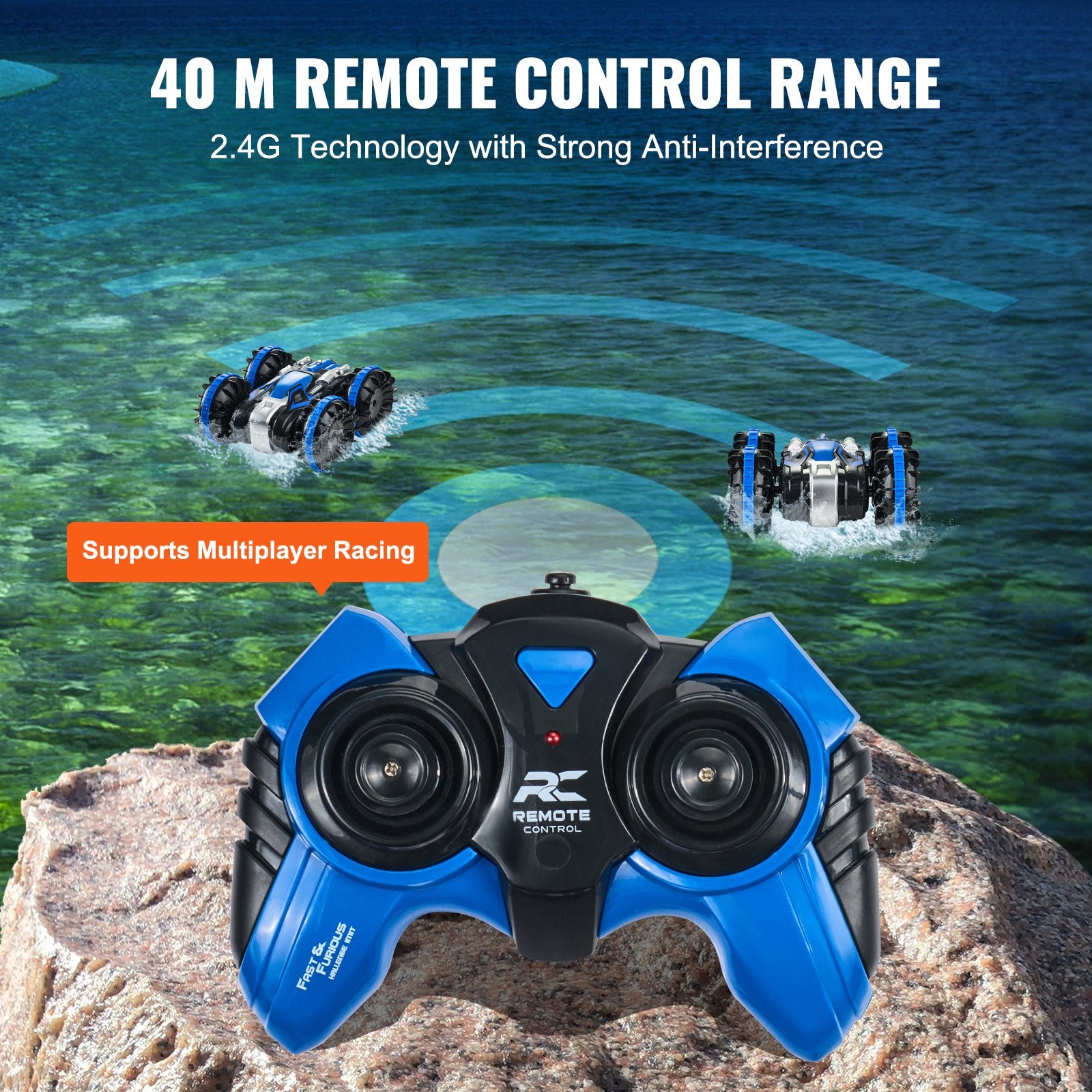 Blue Amphibious RC Car Boat for Kids, 4WD 360° Stunt Vehicle, Waterproof All-Terrain Toy for Beach, Pool, Water, 6+ Year Olds, 12 km/h, 2.4GHz