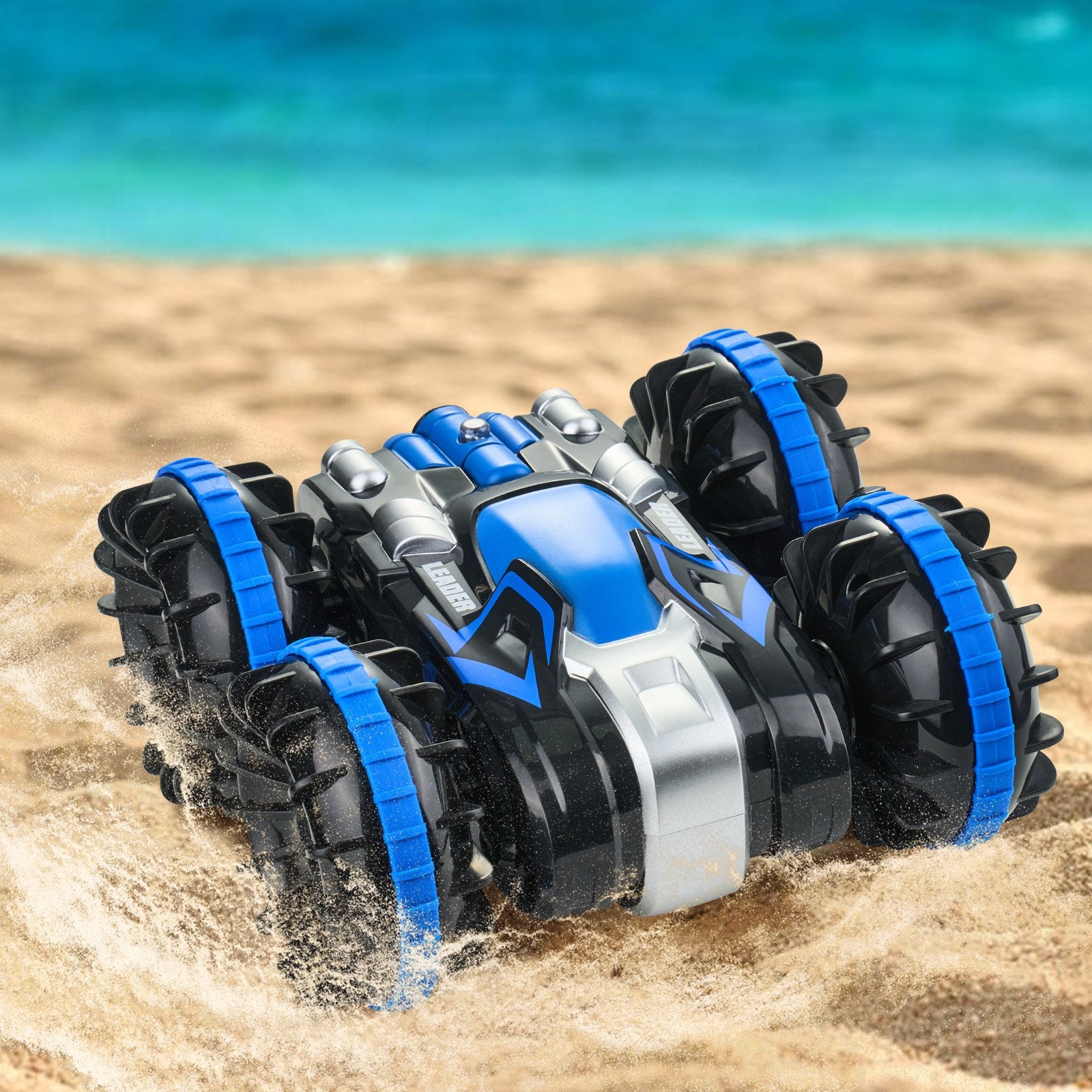 Blue Amphibious RC Car Boat for Kids, 4WD 360° Stunt Vehicle, Waterproof All-Terrain Toy for Beach, Pool, Water, 6+ Year Olds, 12 km/h, 2.4GHz