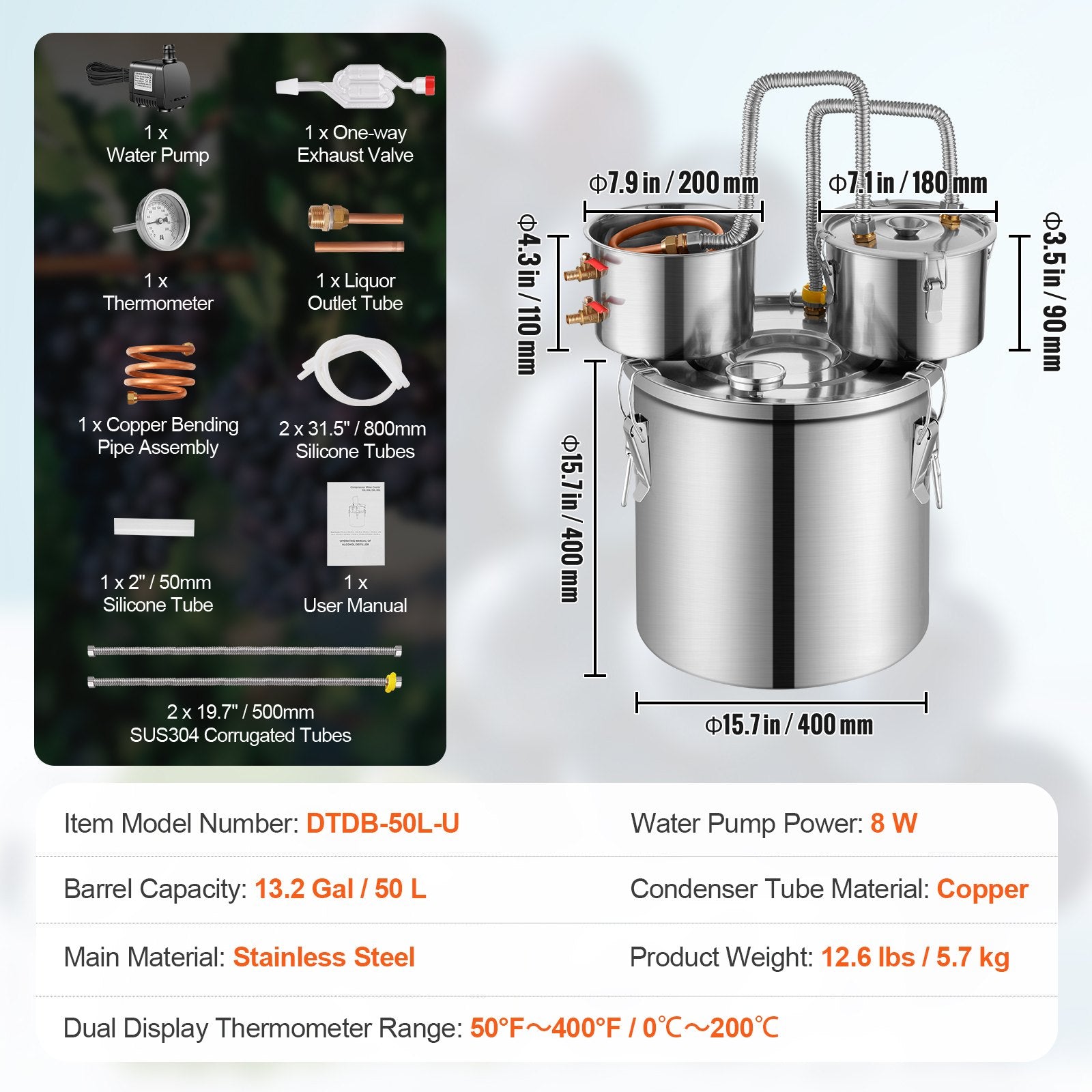 13.2 Gal Stainless Steel Distiller with Copper Coil, Dual Condenser for Fast Cooling, Ideal for Wine, Whisky, Brandy Production