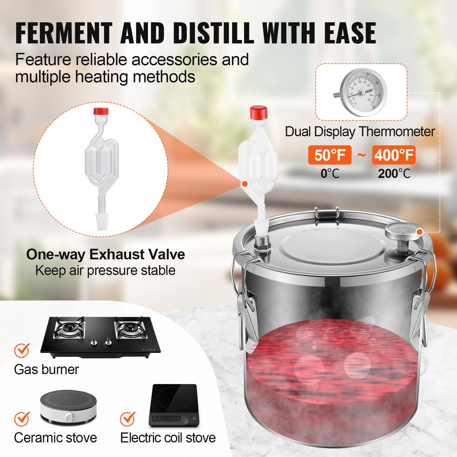 3 Gal Stainless Steel Alcohol Distiller Kit with Coil Cooling, Dual Display Thermometer for Home Brewing Wine, Whisky, Brandy Refinement