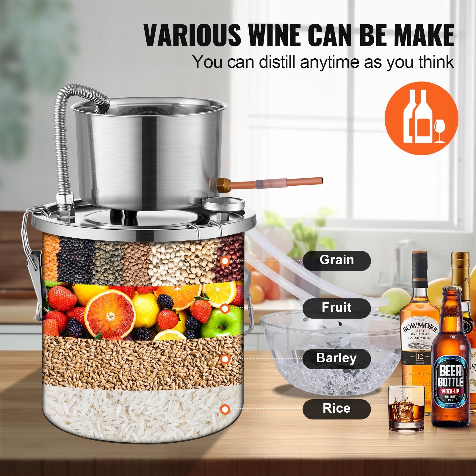 3 Gal Stainless Steel Alcohol Distiller Kit with Coil Cooling, Dual Display Thermometer for Home Brewing Wine, Whisky, Brandy Refinement