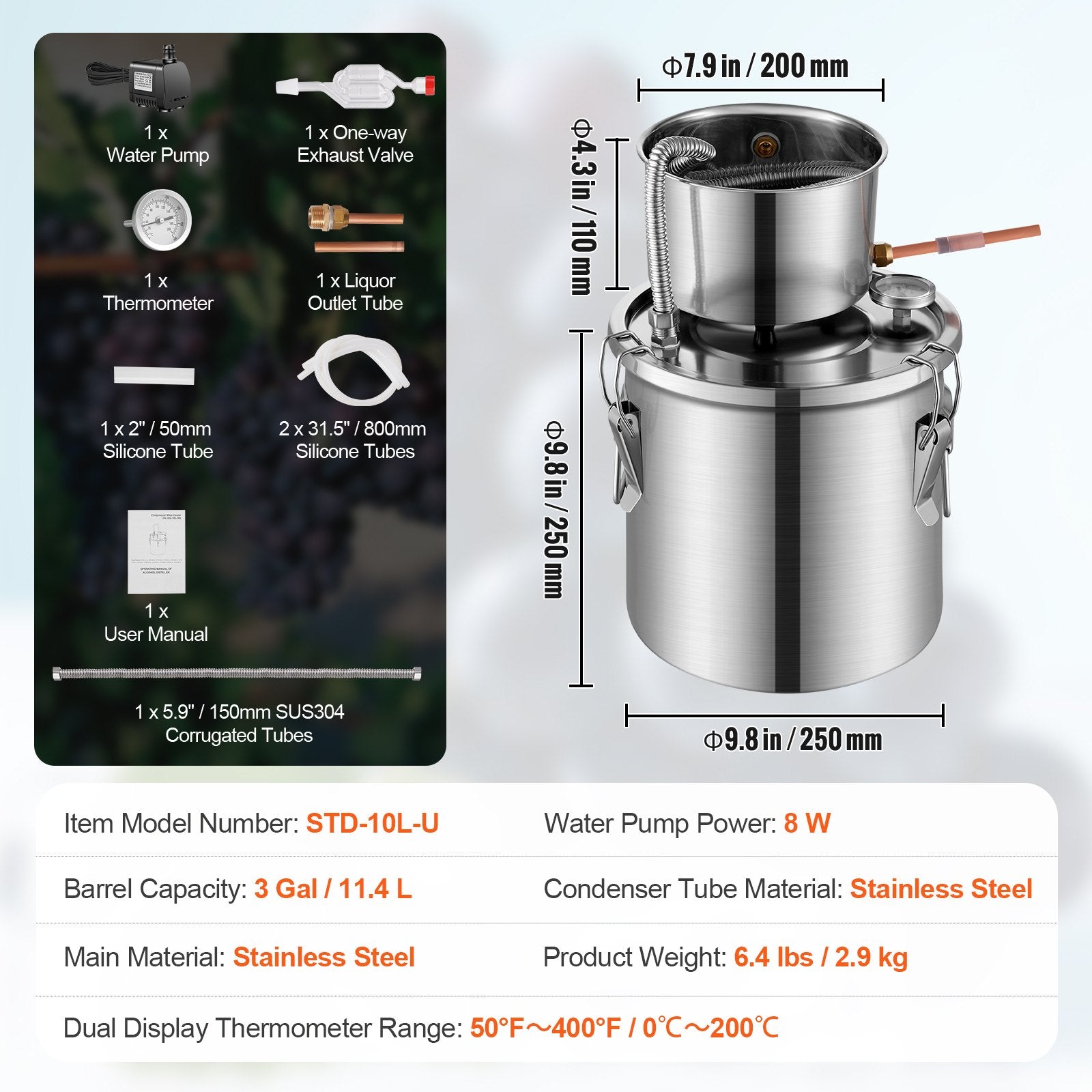 3 Gal Stainless Steel Alcohol Distiller Kit with Coil Cooling, Dual Display Thermometer for Home Brewing Wine, Whisky, Brandy Refinement