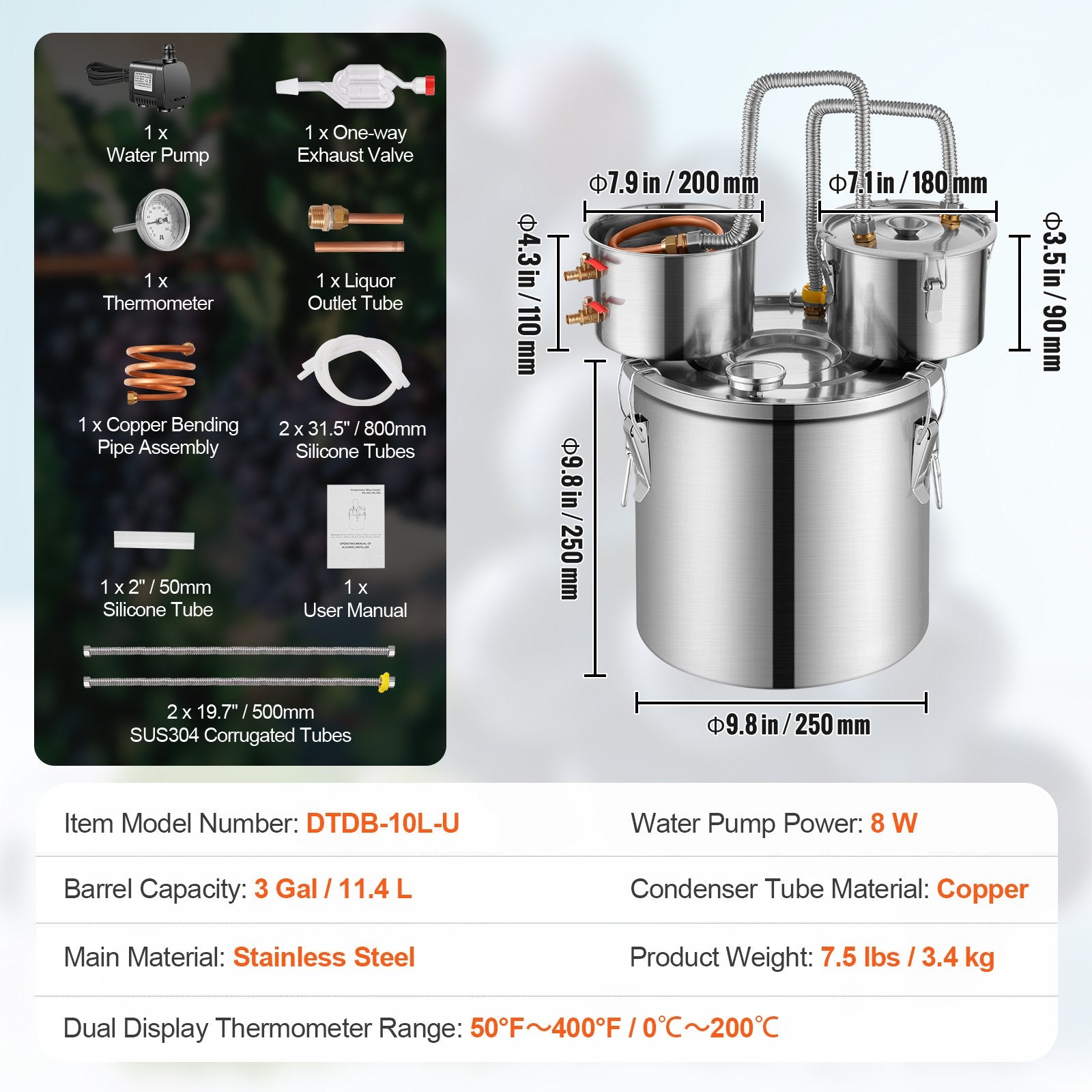 3 Gallon Stainless Steel Alcohol Distiller with Copper Coil for Fast Cooling and Dual Condenser, Ideal for Wine, Whisky, Brandy Making