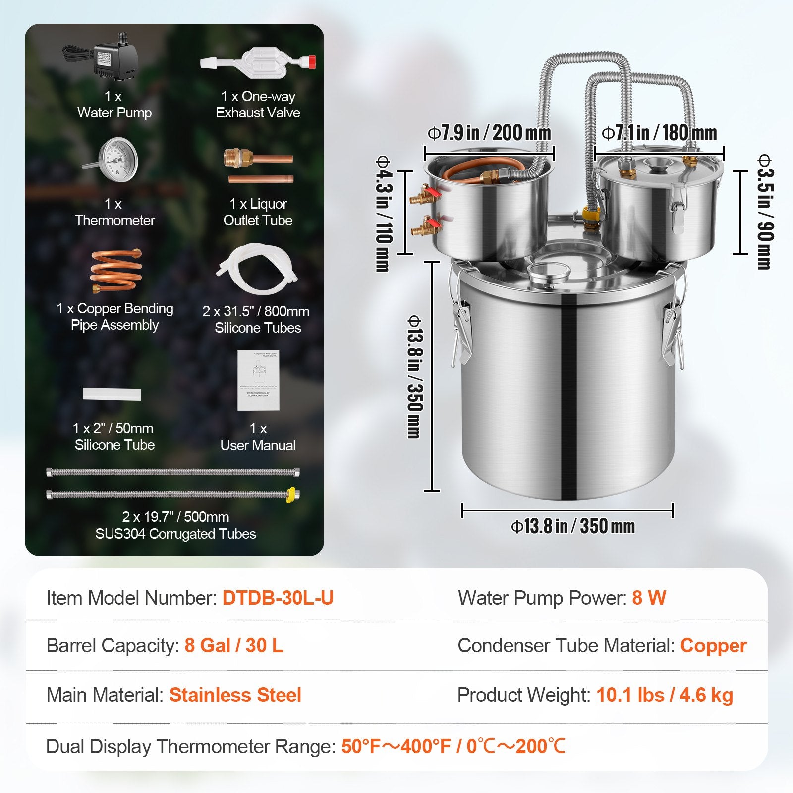 8 Gal Stainless Steel Alcohol Distiller with Dual Copper Coil Condenser for Fast Cooling and Secondary Distillation – Perfect for Wine, Whisky, Brandy Production