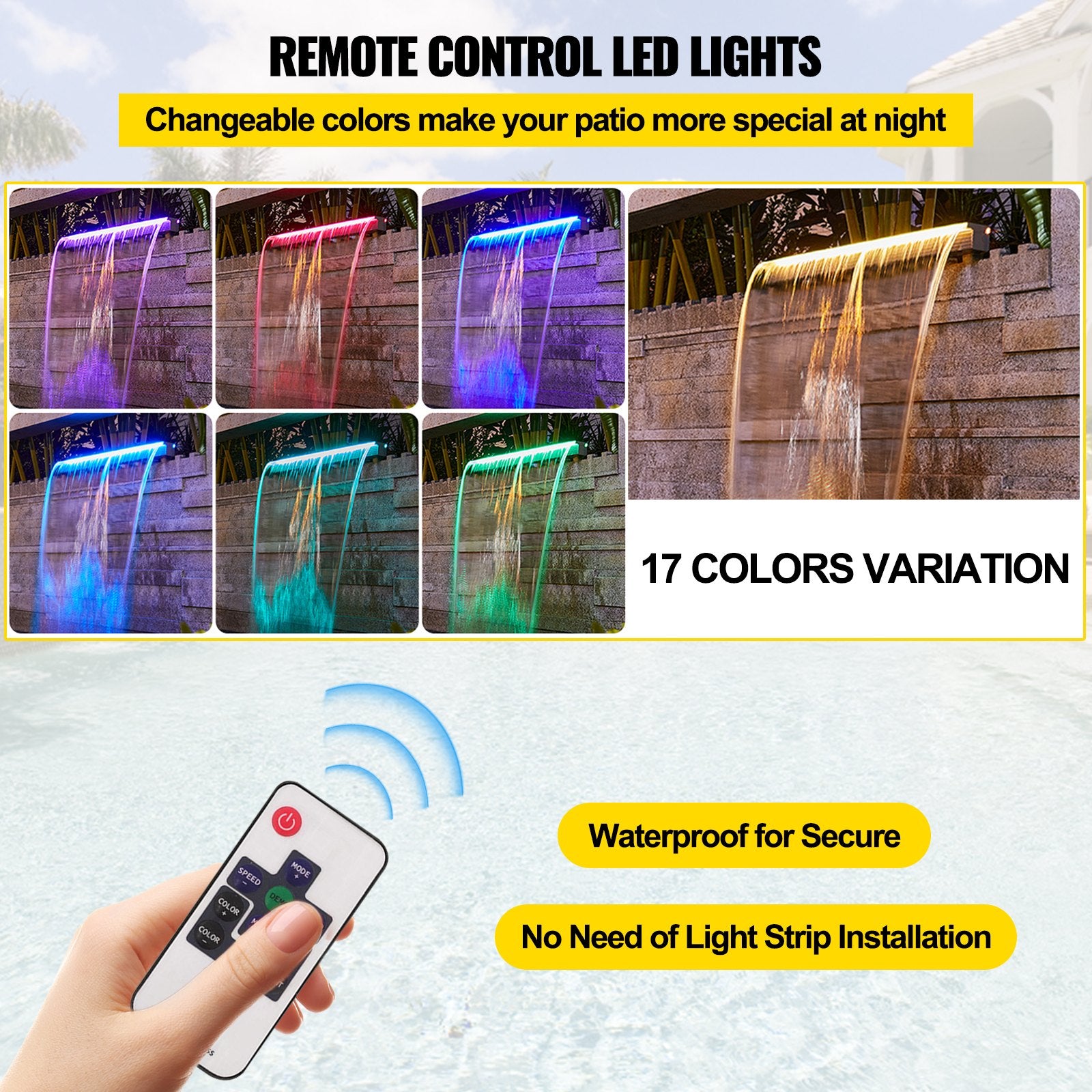 Elegant Acrylic Pool Waterfall Fountain Kit with 17-Color LED, Remote Control, for Garden Ponds & Swimming Pools, 36.2" Spillway