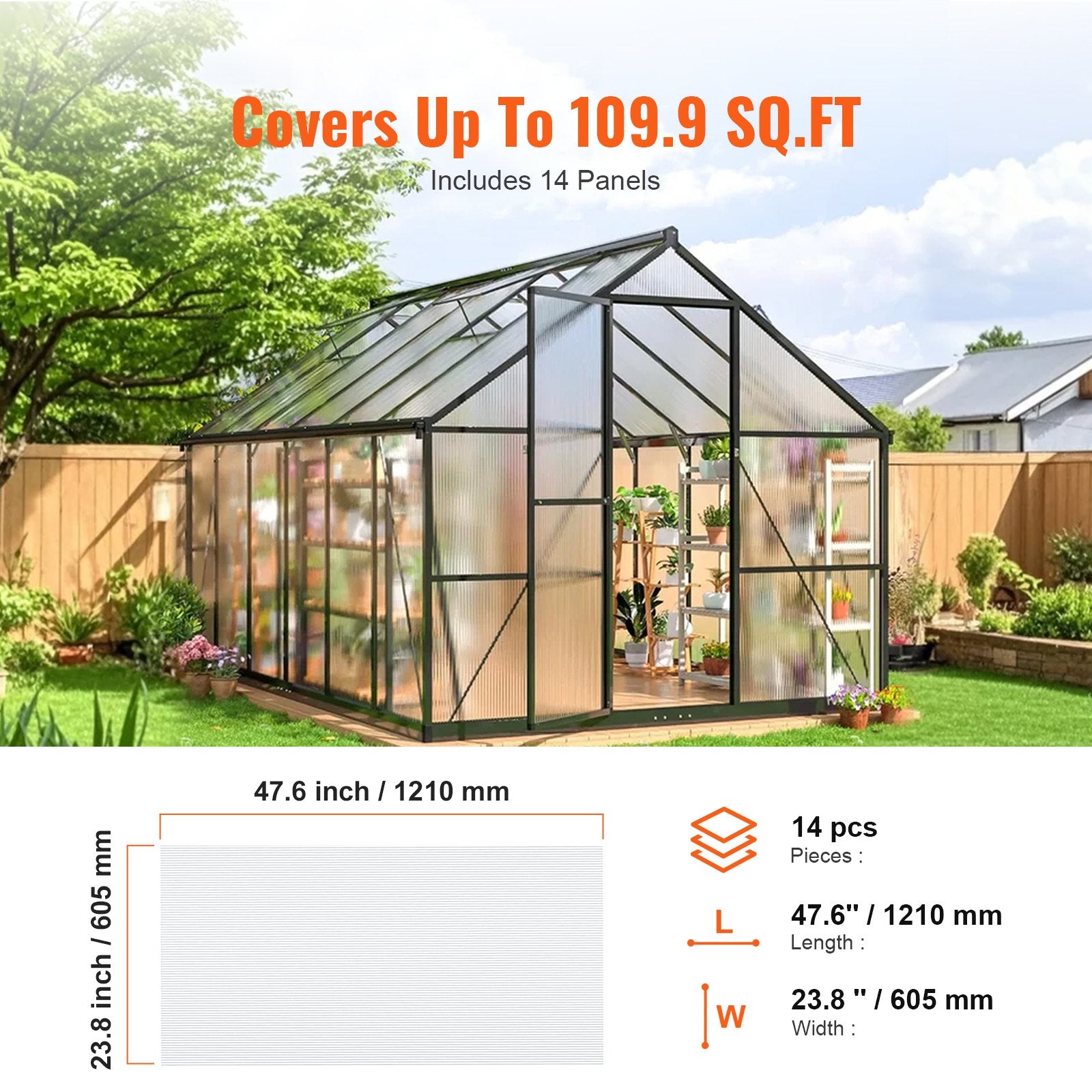 14 Pack Clear Polycarbonate Greenhouse Roof Panels 2' x 4' x 0.32'' - UV Protected, Waterproof, Durable Corrugated Plastic Sheets for Garden & Year-Round Use