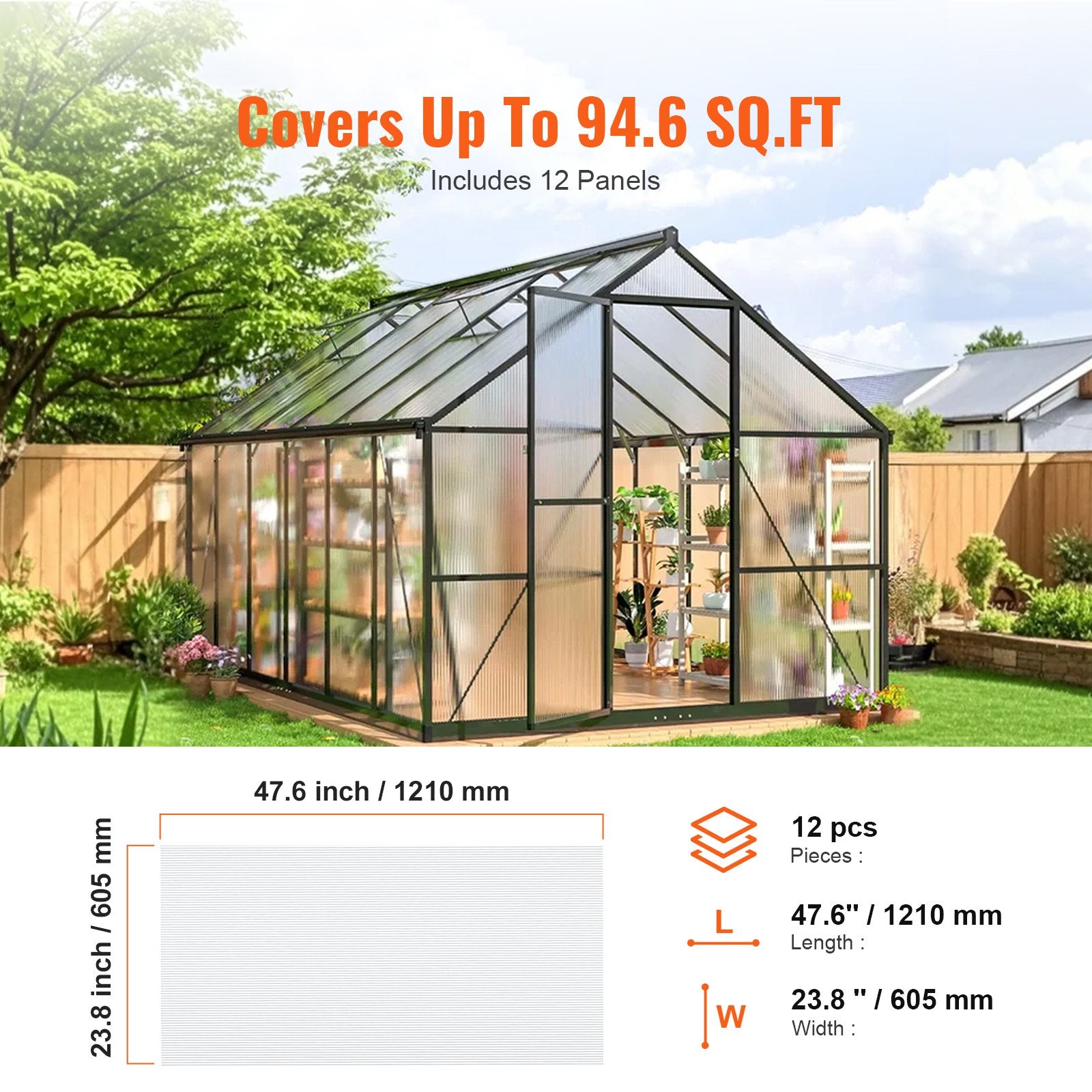 12 Pack Clear Polycarbonate Greenhouse Panels, 2' x 4' x 0.24'' UV Protected, Impact Resistant Roofing Sheets for Garden and Greenhouse Use