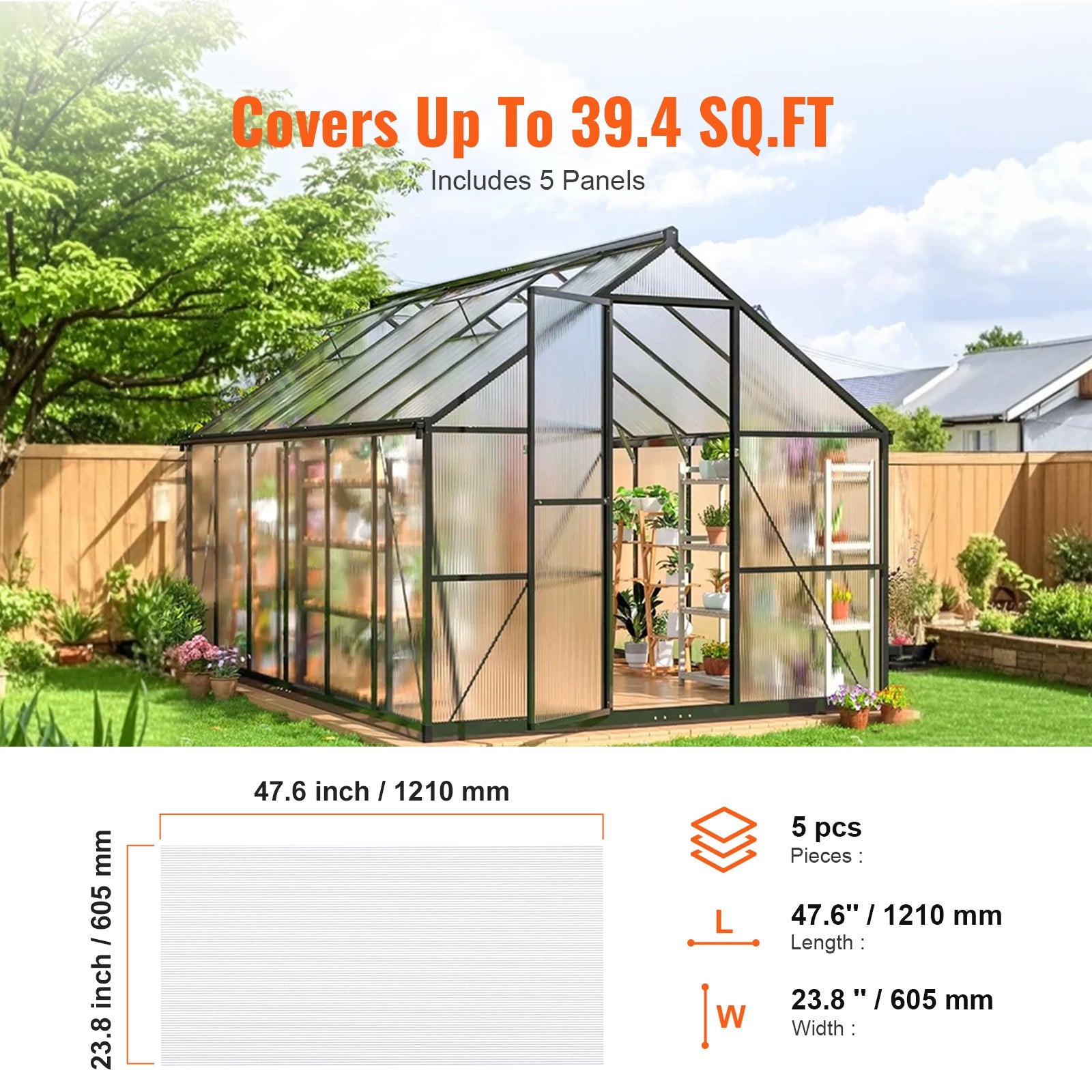 5 Pack UV-Protected Polycarbonate Greenhouse Panels, Waterproof Clear Corrugated Roofing Sheets, Impact-Resistant for Garden Use, 2'x4'x0.32''