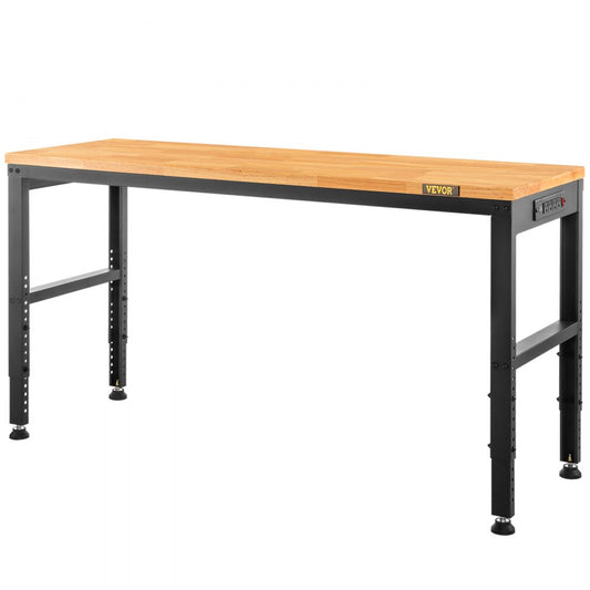 VEVOR Workbench Adjustable Height, 61"L X 20"W X 36"H Garage Table w/ 27.1" - 36" Heights & 2000 LBS Load Capacity, with Power Outlets & Hardwood Top & Metal Frame & Foot Pads, for Office Home