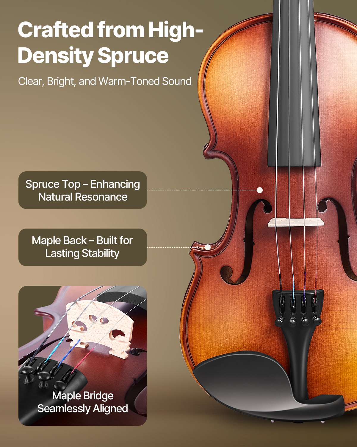 Violin 1/2 Size for Adults & Beginners - Complete Fiddle Set with Case, Rosin, Bow, Shoulder Rest, Bridge, Tuner, Extra Strings, Solid Wood, Professional Quality, Matte Brown Finish