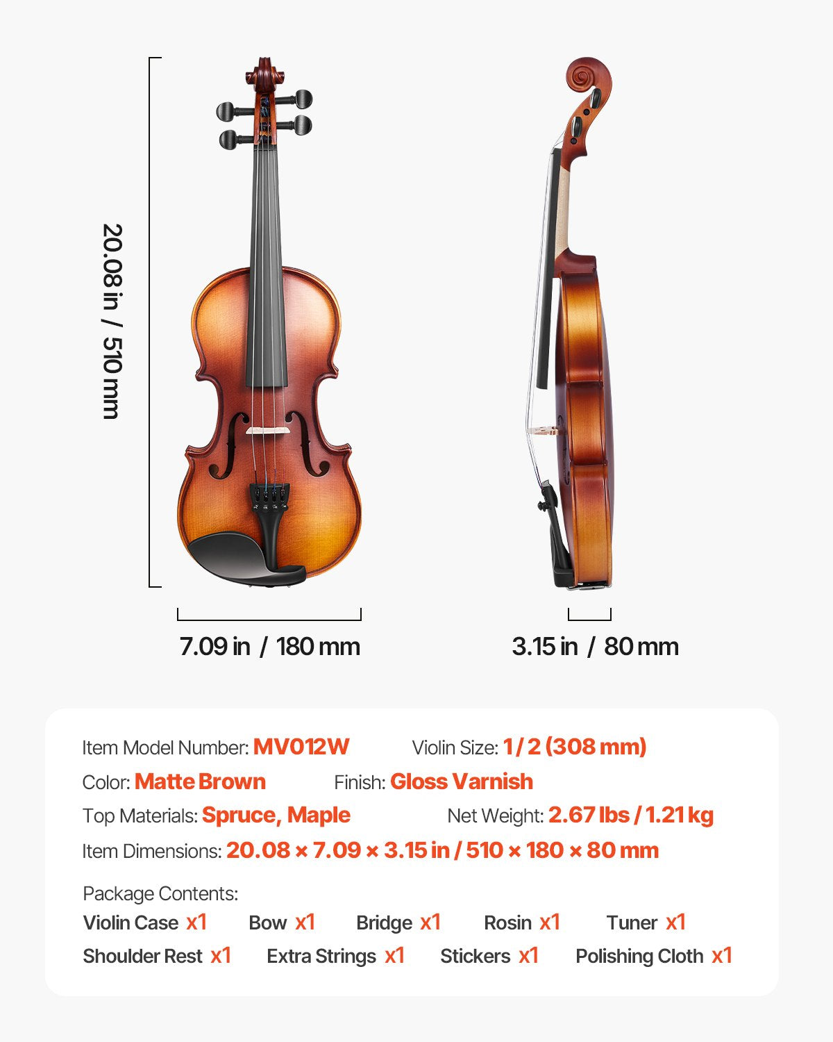 Violin 1/2 Size for Adults & Beginners - Complete Fiddle Set with Case, Rosin, Bow, Shoulder Rest, Bridge, Tuner, Extra Strings, Solid Wood, Professional Quality, Matte Brown Finish