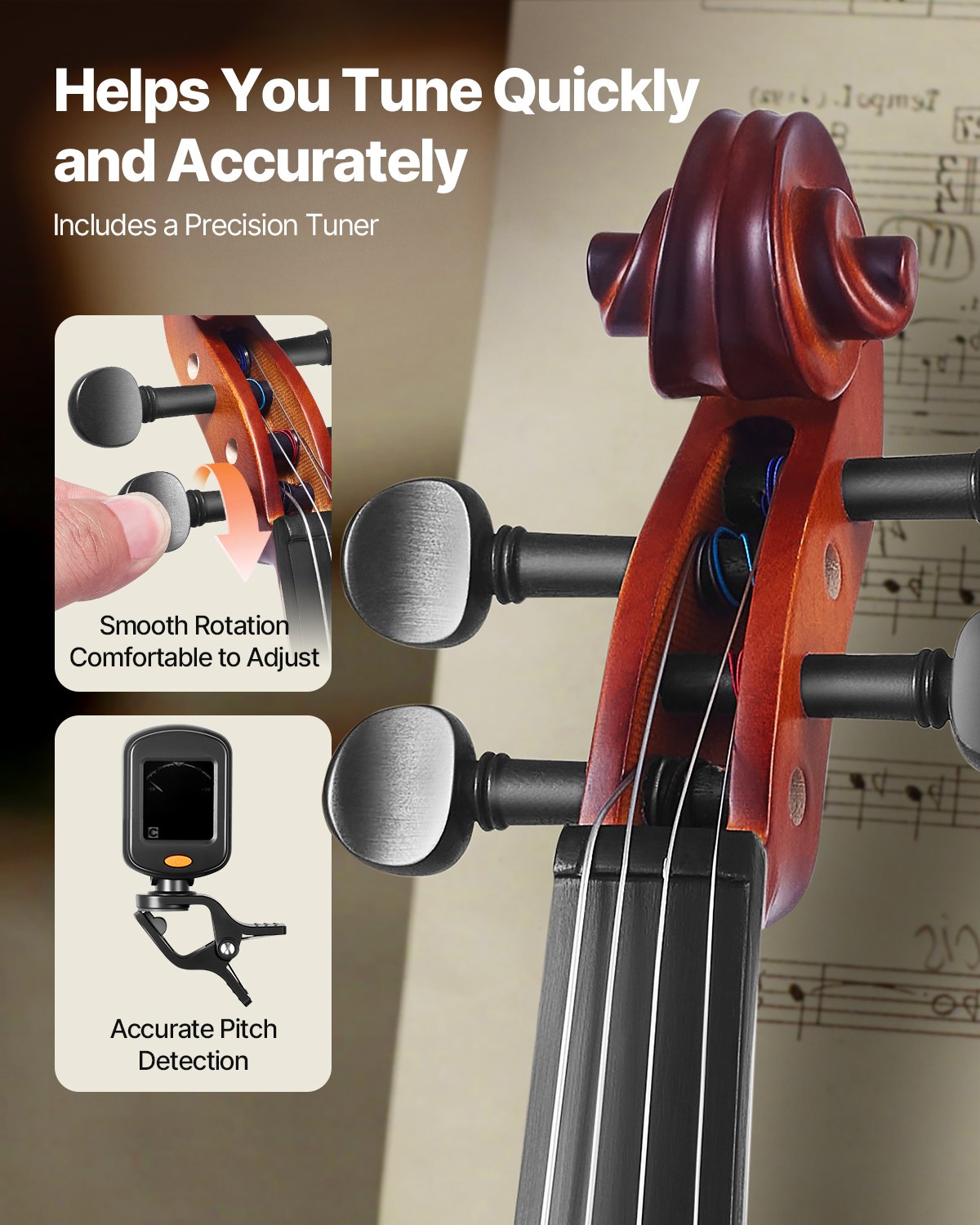 Violin 1/4 Size for Adults and Beginners - Complete Fiddle Set with Hard Case, Rosin, Bow, Shoulder Rest, Bridge, Tuner, Extra Strings - Solidwood Instrument in Matte Brown Finish, Premium Spruce and Maple Construction, Ideal for Student Musicians