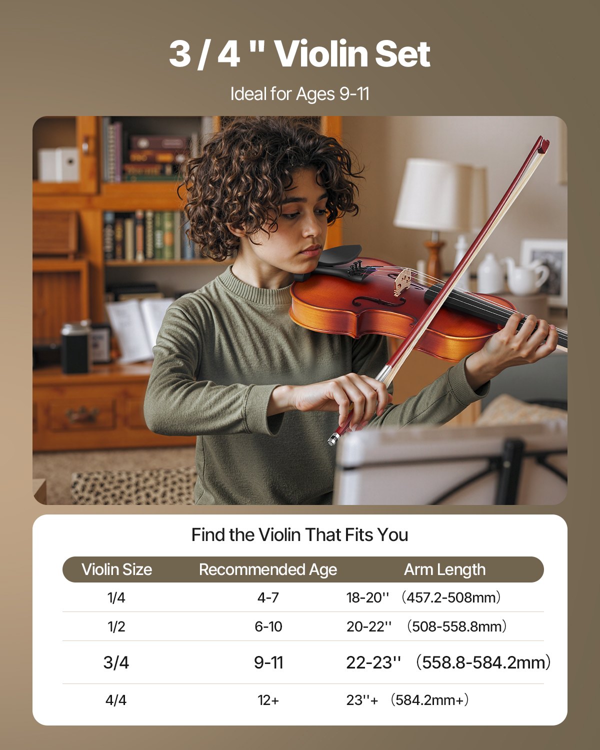 Violin 3/4 Size for Adults & Beginners - Complete Fiddle Set with Case, Bow, Rosin, Tuner, Strings & Accessories, Solid Wood Brown Finish
